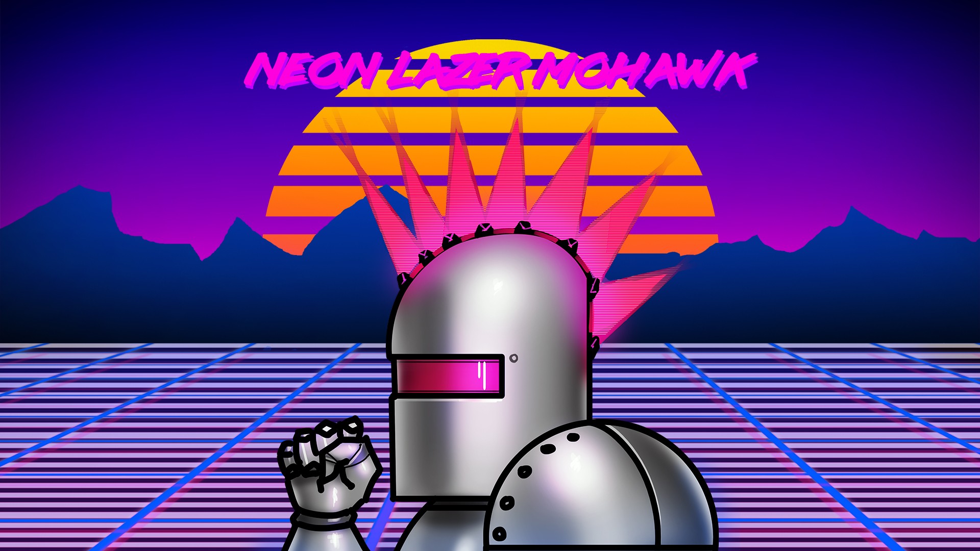 General 1920x1080 Neon Lazer Mohawk 1980s retro games robot grid digital art sunset Sun colorful text New Retro Wave synthwave Digital Grid CGI neon
