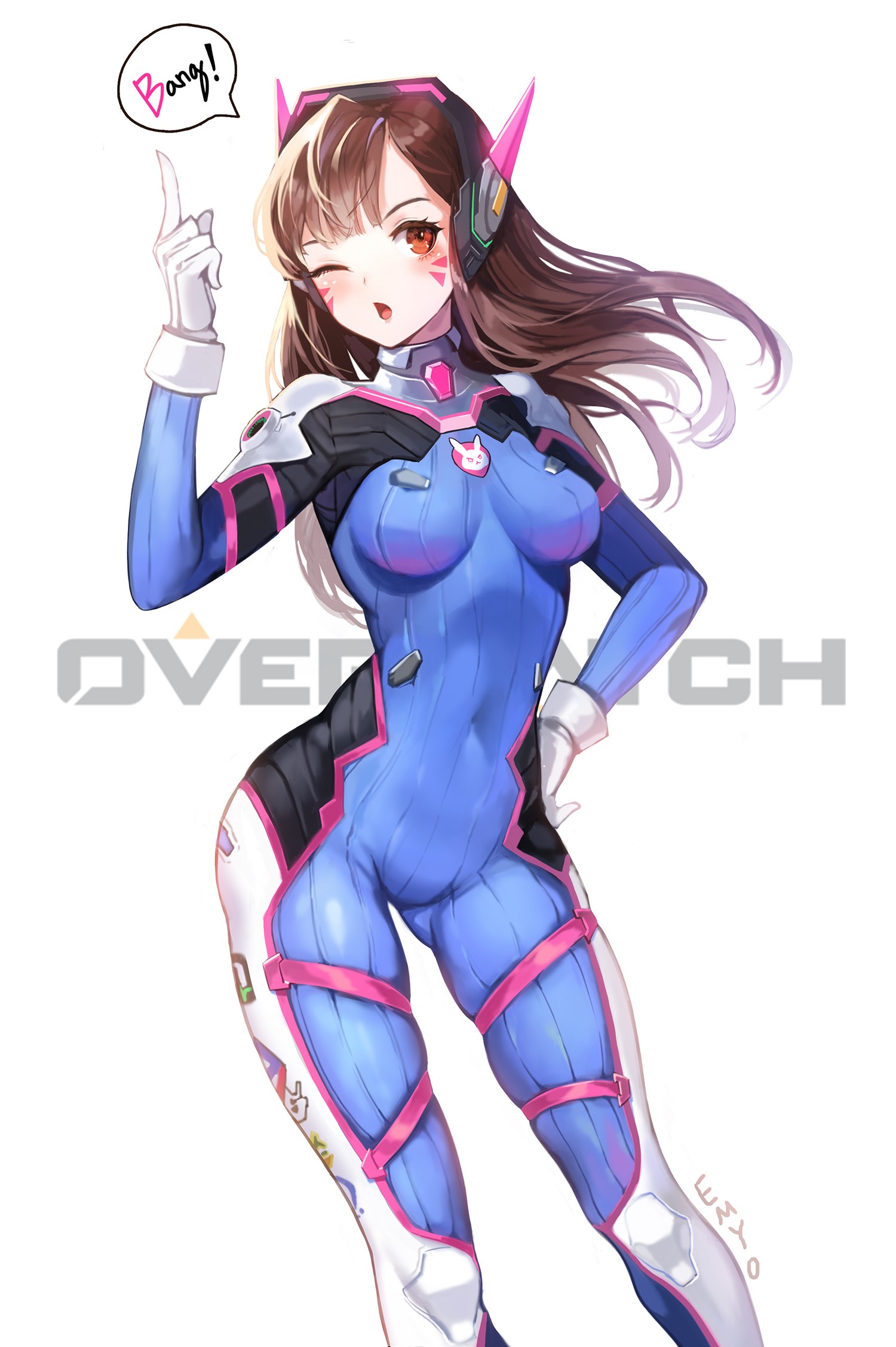 Anime 1500x2253 anime anime girls Overwatch D.Va (Overwatch) long hair red eyes headphones bodysuit boobs belly thighs one eye closed Pixiv PC gaming video game girls white background simple background open mouth
