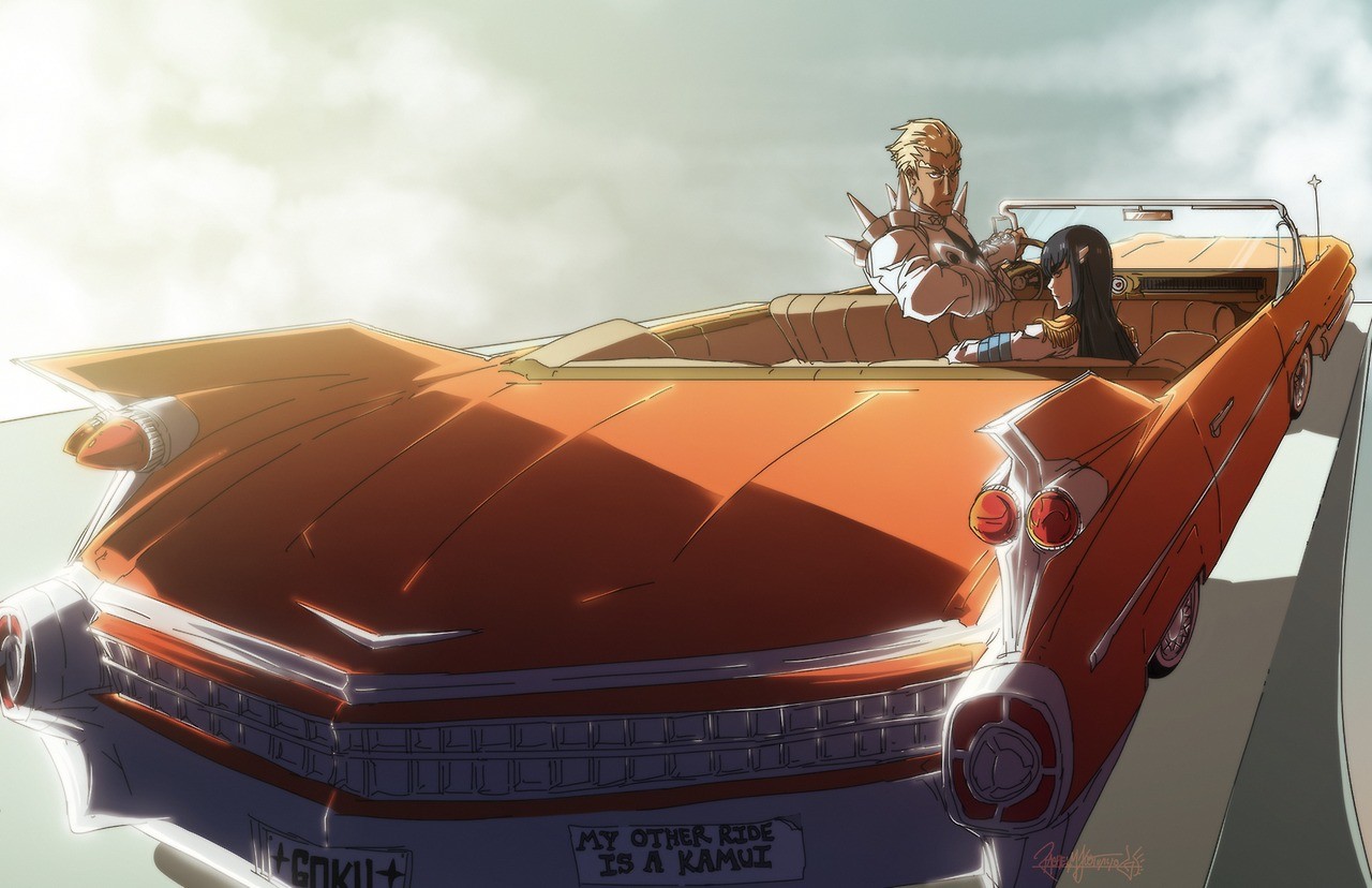 Anime 1280x828 Kill la Kill Gamagouri Ira Kiryuin Satsuki anime car women with cars vehicle anime men orange cars dark hair