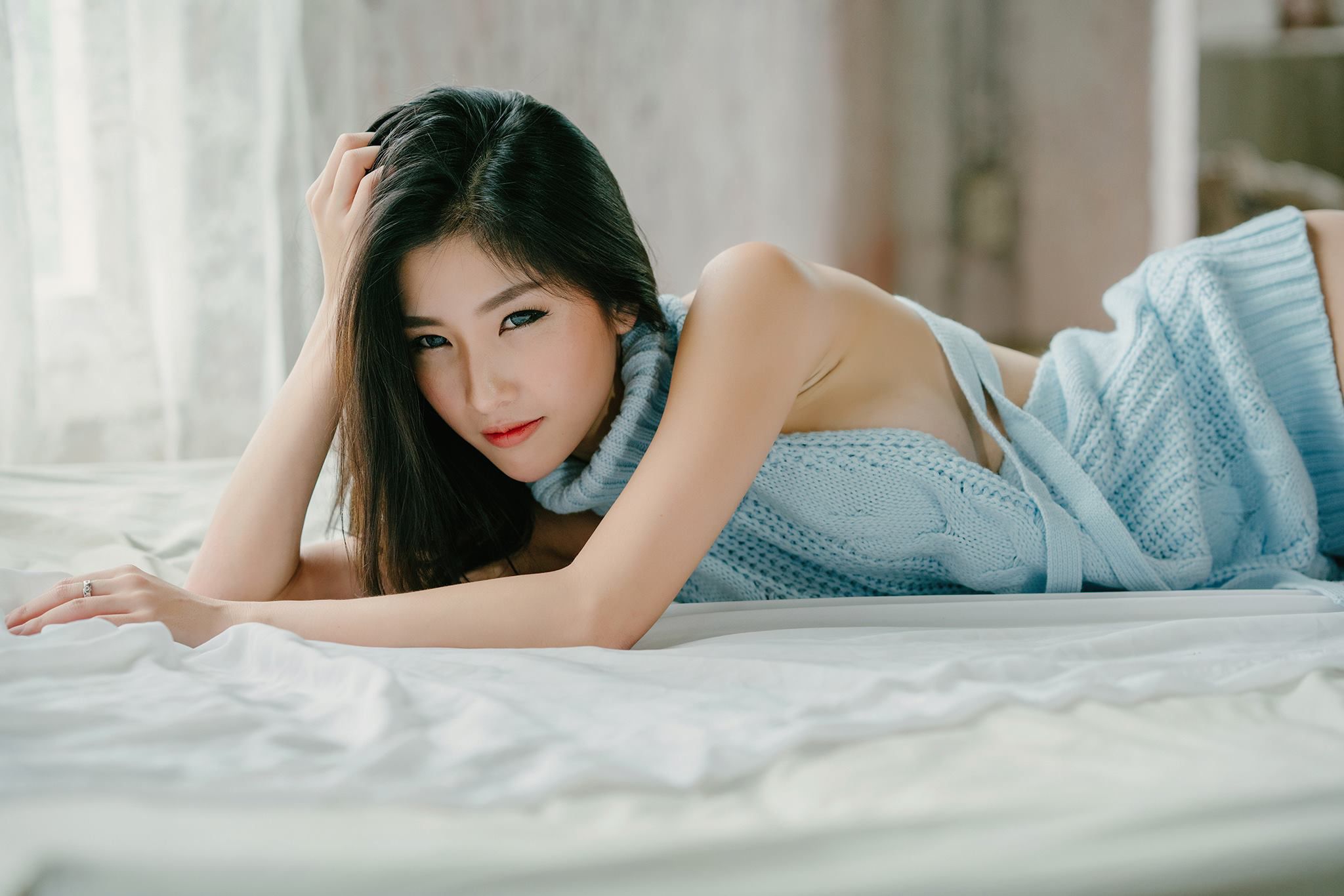 People 2048x1366 Atita Wittayakajohndet model Asian Thailand model Virgin Killer Sweater lying on side knit fabric no bra sideboob women