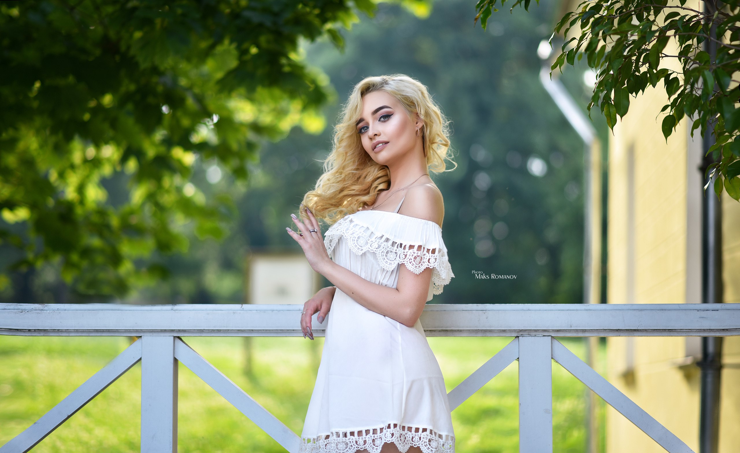 People 2560x1567 women Maxim Romanov blonde white dress smiling depth of field women outdoors Anastasia Zajarova watermarked model