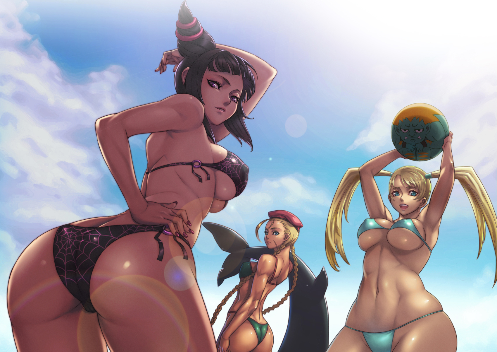 Anime 1700x1202 Cammy White Rainbow Mika Street Fighter bikini cleavage ass twintails low-angle glutes anime girls big boobs video game girls video game art women trio women boobs muscles rear view dark hair women with hats hat arms up ball looking at viewer video game warriors R Mika Han Juri