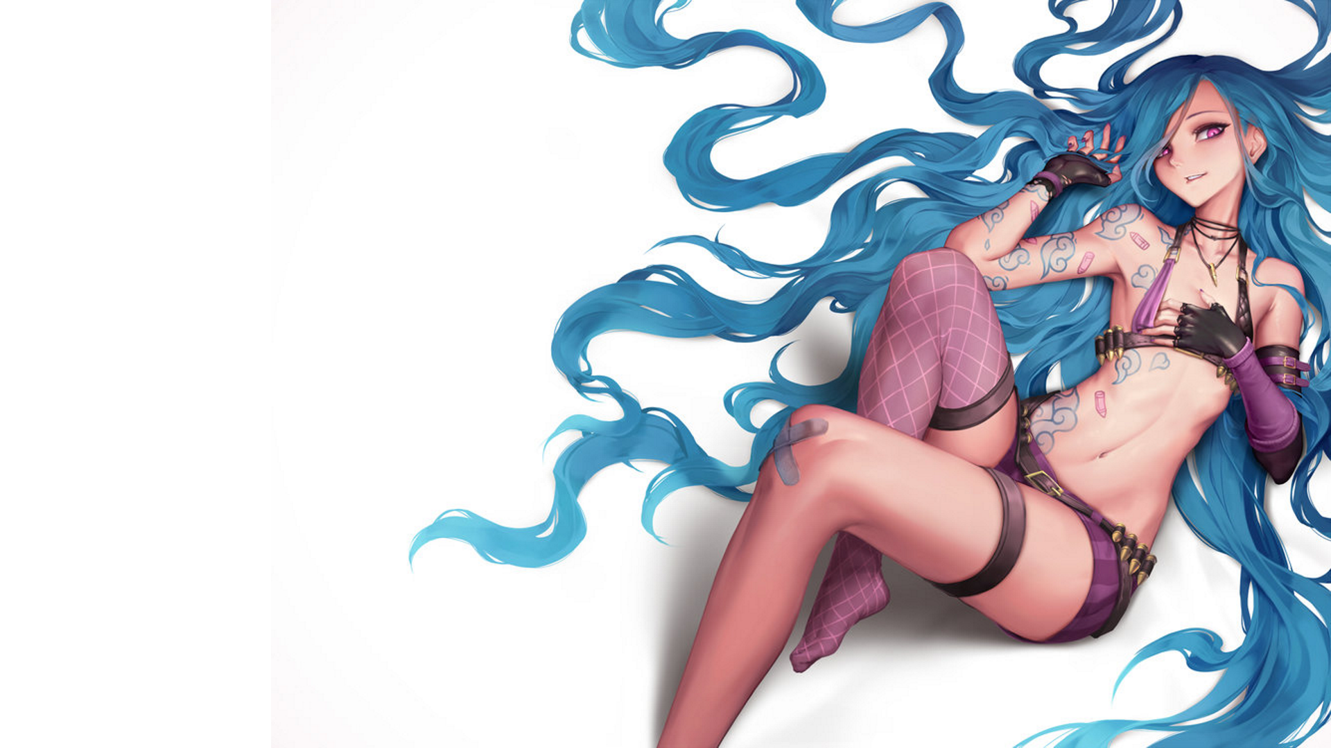 General 1920x1080 Jinx (League of Legends) simple background blue hair Oopartz Yang missing stocking pink stockings pointed toes bent legs hand(s) on chest hand(s) in hair long hair looking at viewer lying on back