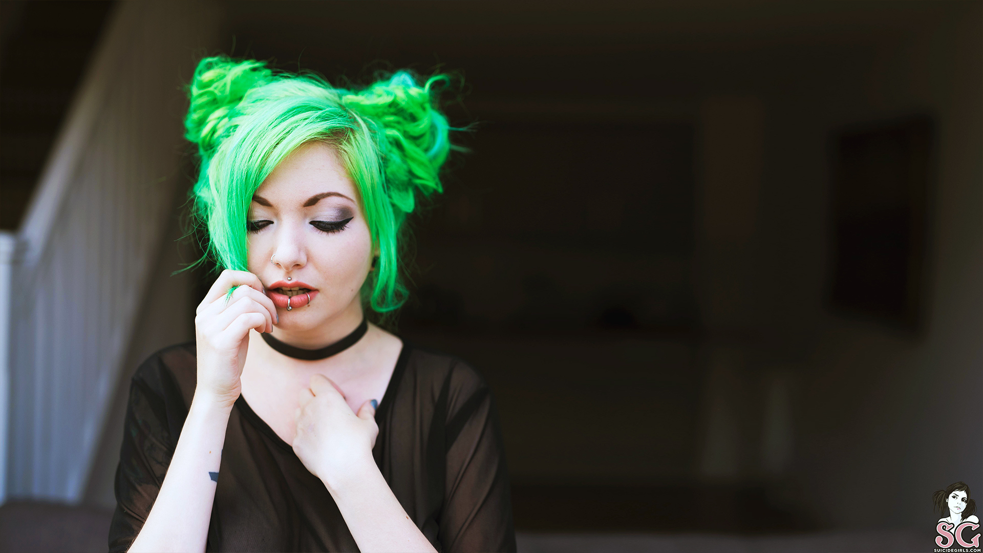 People 1920x1080 Suicide Girls Nayru Suicide green hair pornstar dyed hair women pierced lip face tattoo