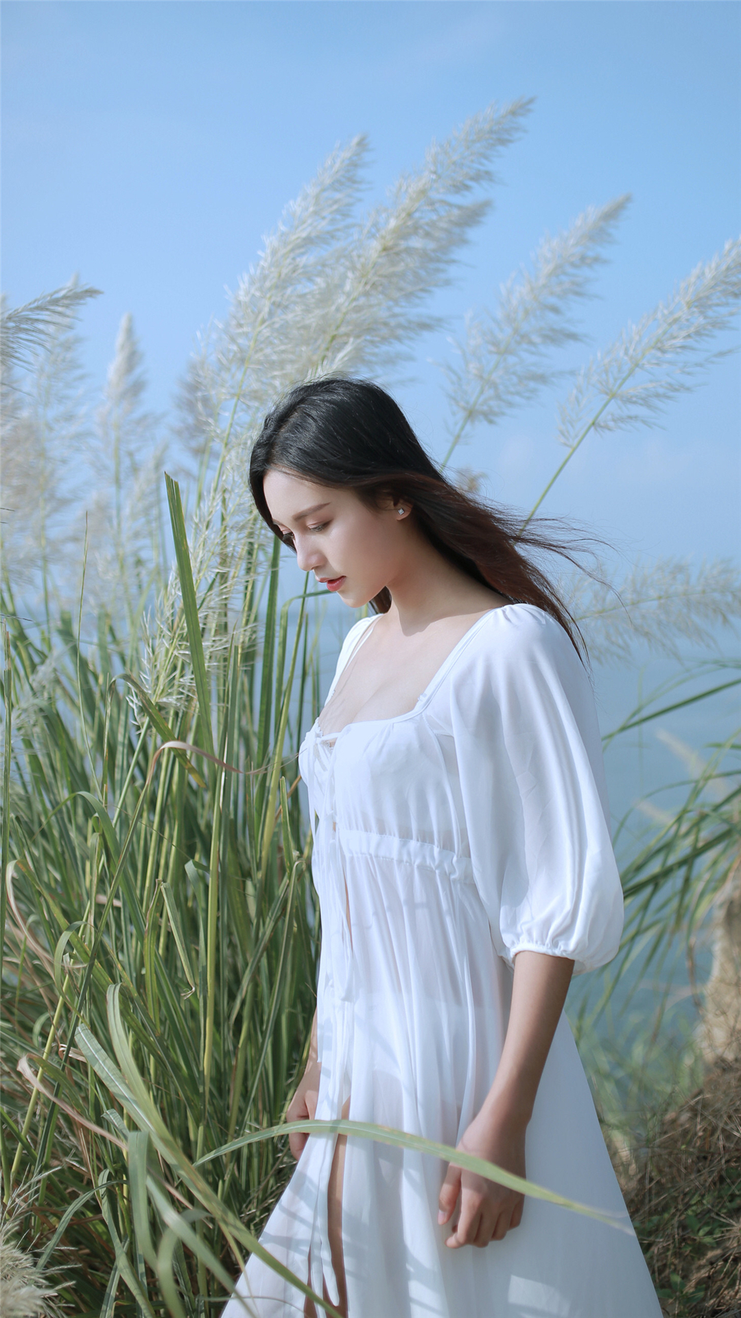 People 1080x1920 women Asian women outdoors see-through clothing white dress grass