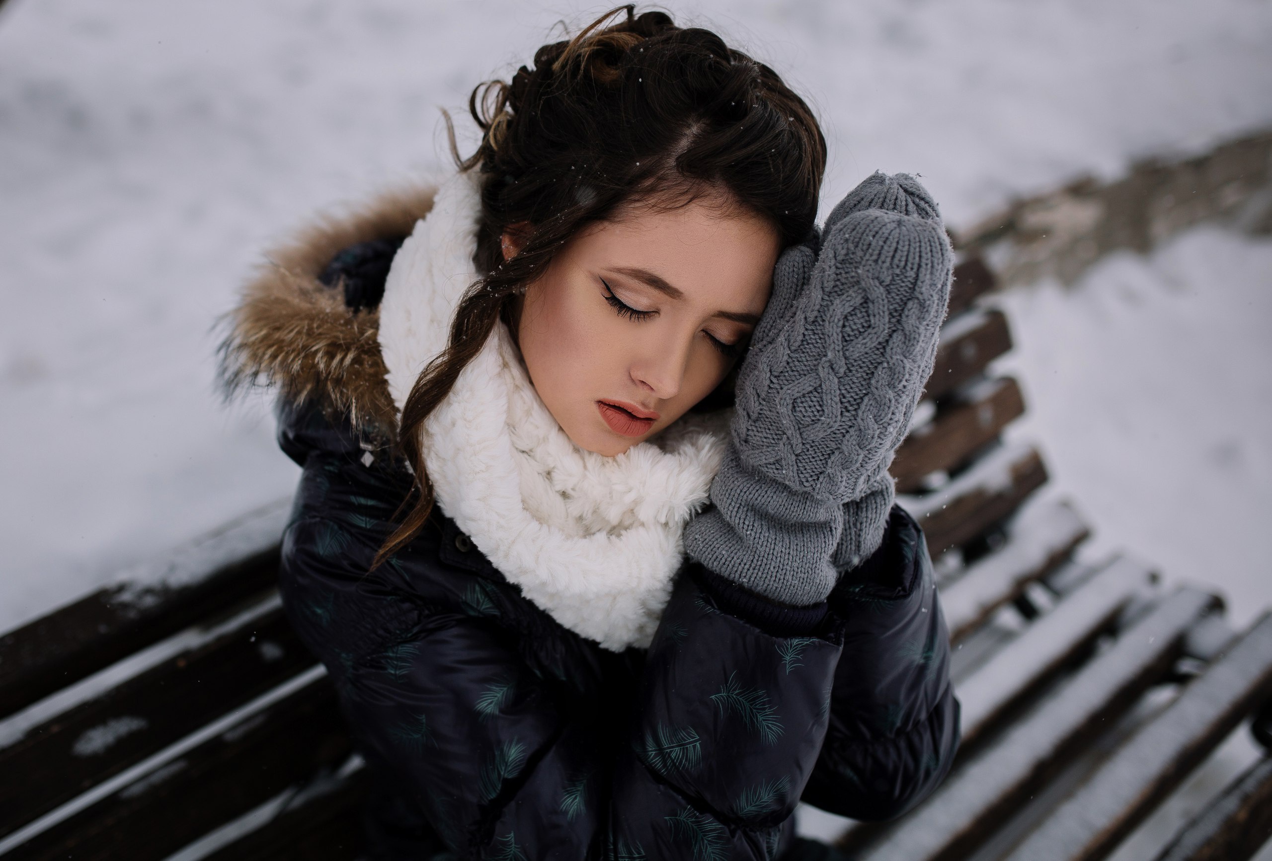 People 2560x1734 bench gloves cold Disha Shemetova women face winter women outdoors on bench white scarf closed eyes portrait snow closeup