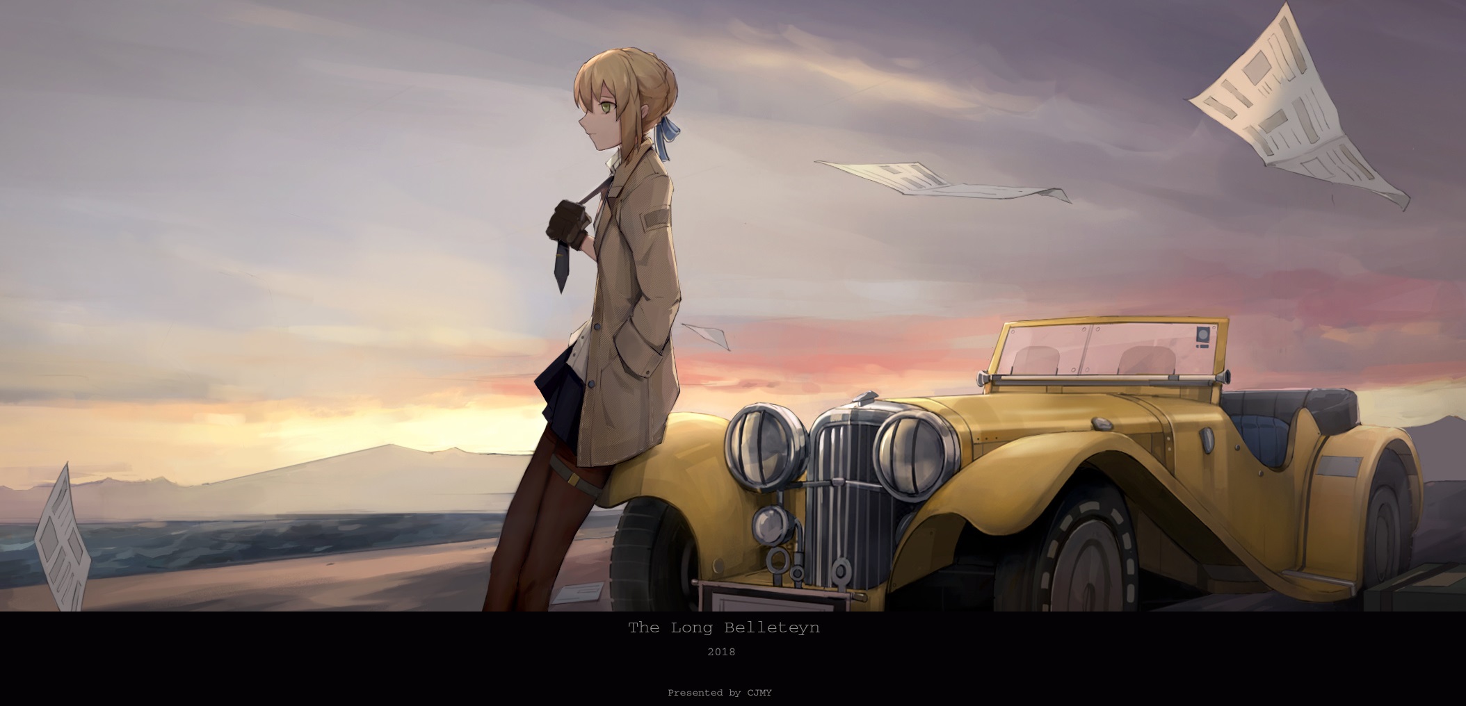 Anime 2108x1016 anime anime girls blonde car 2018 (year) oldtimers short hair vehicle yellow cars