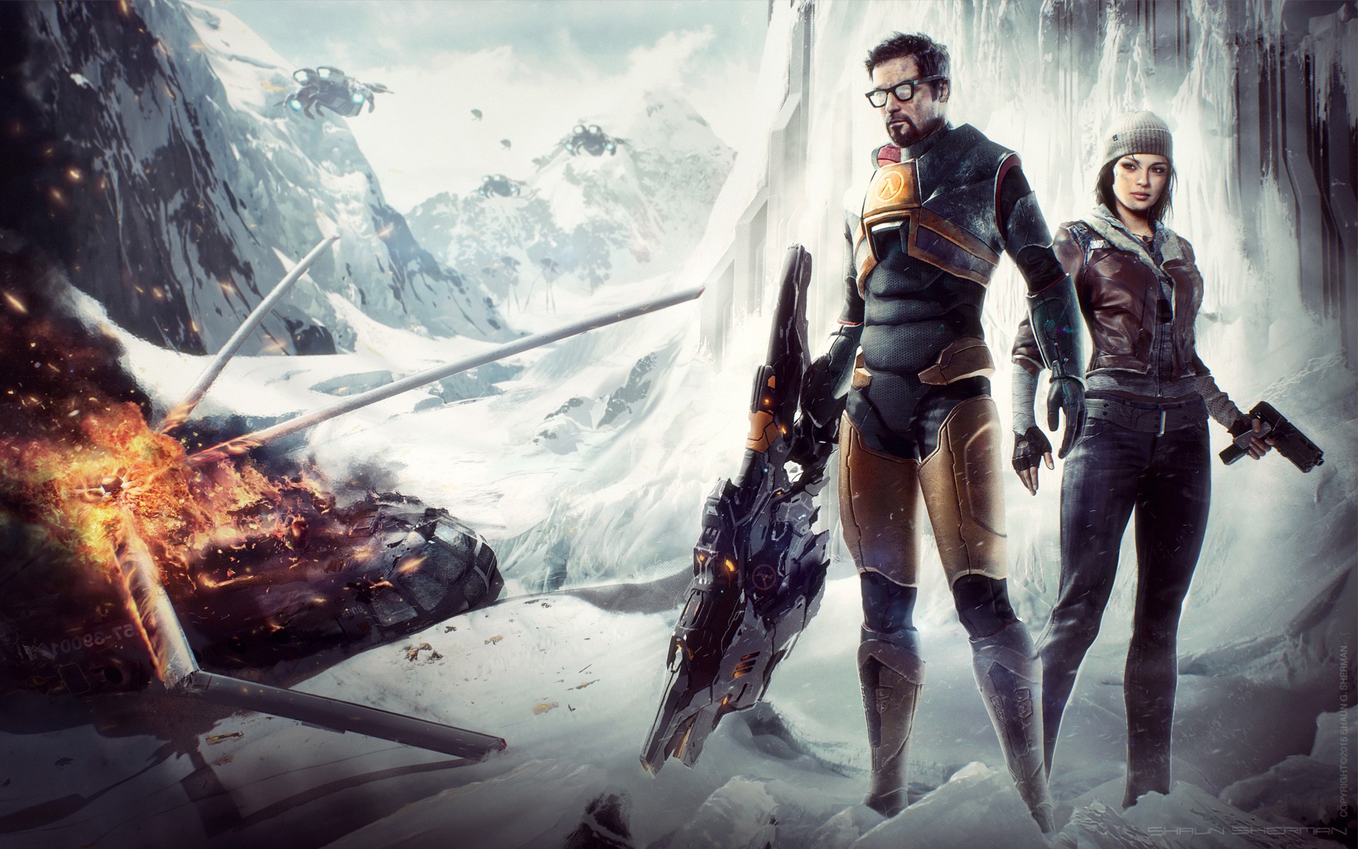 General 1920x1200 Half-Life 2 video games artwork Half-Life Gordon Freeman Alyx Vance video game men video game girls girls with guns video game characters science fiction helicopters wreck mountains