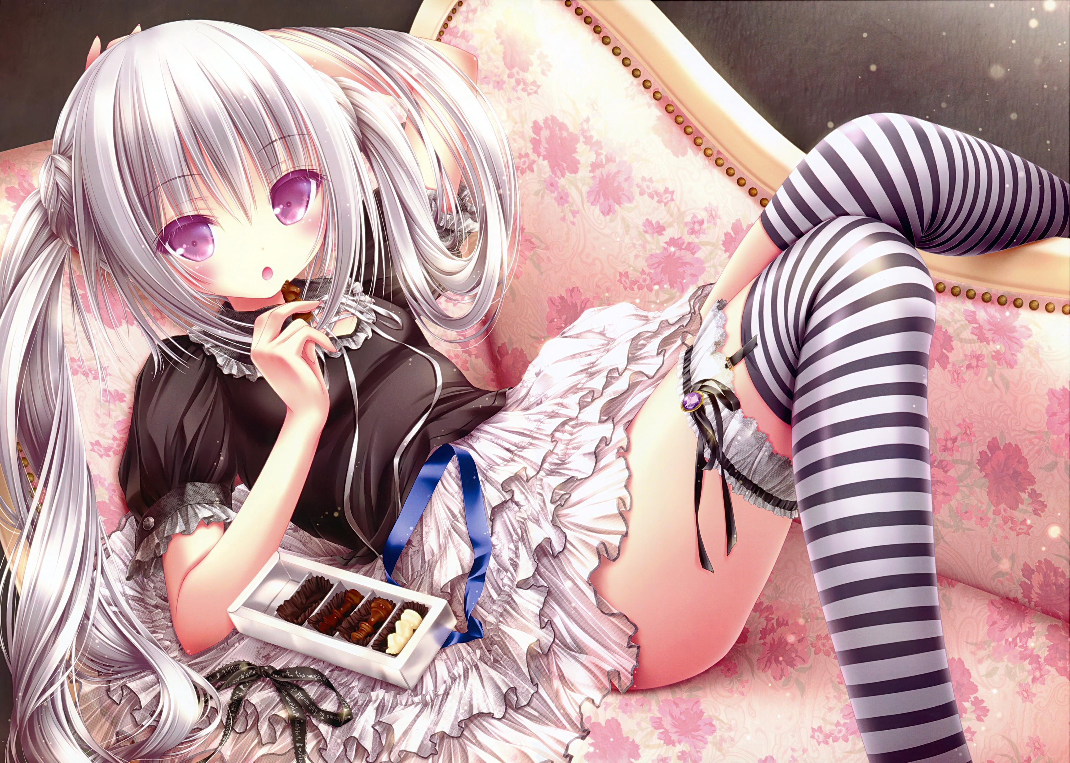 Anime 3500x2497 anime anime girls dress thigh-highs long hair original characters silver hair chocolate couch loli striped stockings stockings food sweets pink eyes