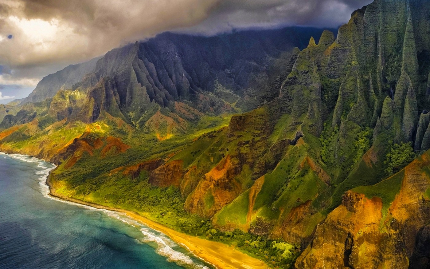 General 1400x875 nature landscape aerial view mountains beach sea cliff clouds coast island Kauai Hawaii USA