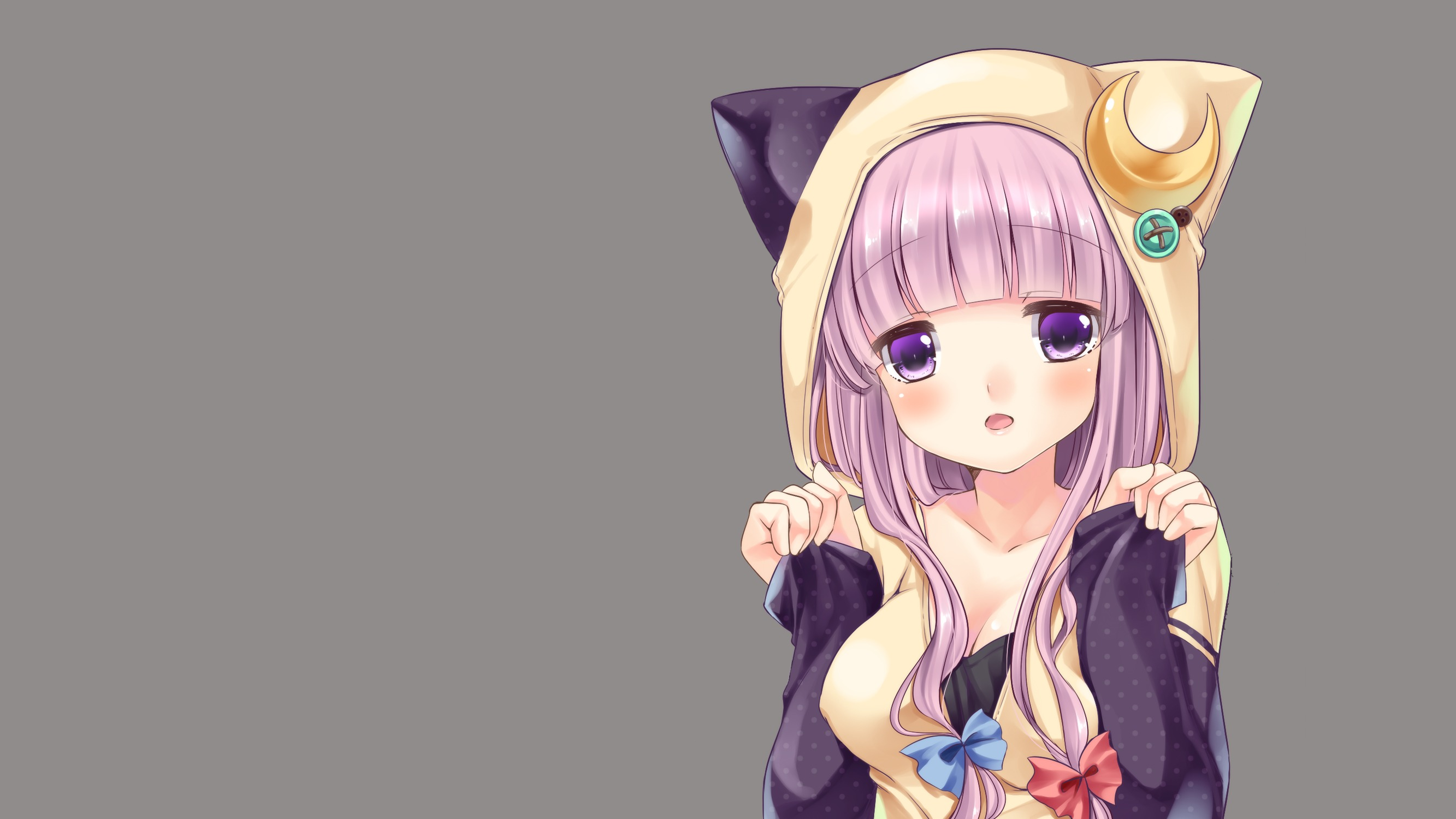 Anime 2666x1500 anime anime girls cat girl Patchouli Knowledge Touhou gray background purple hair purple eyes long hair