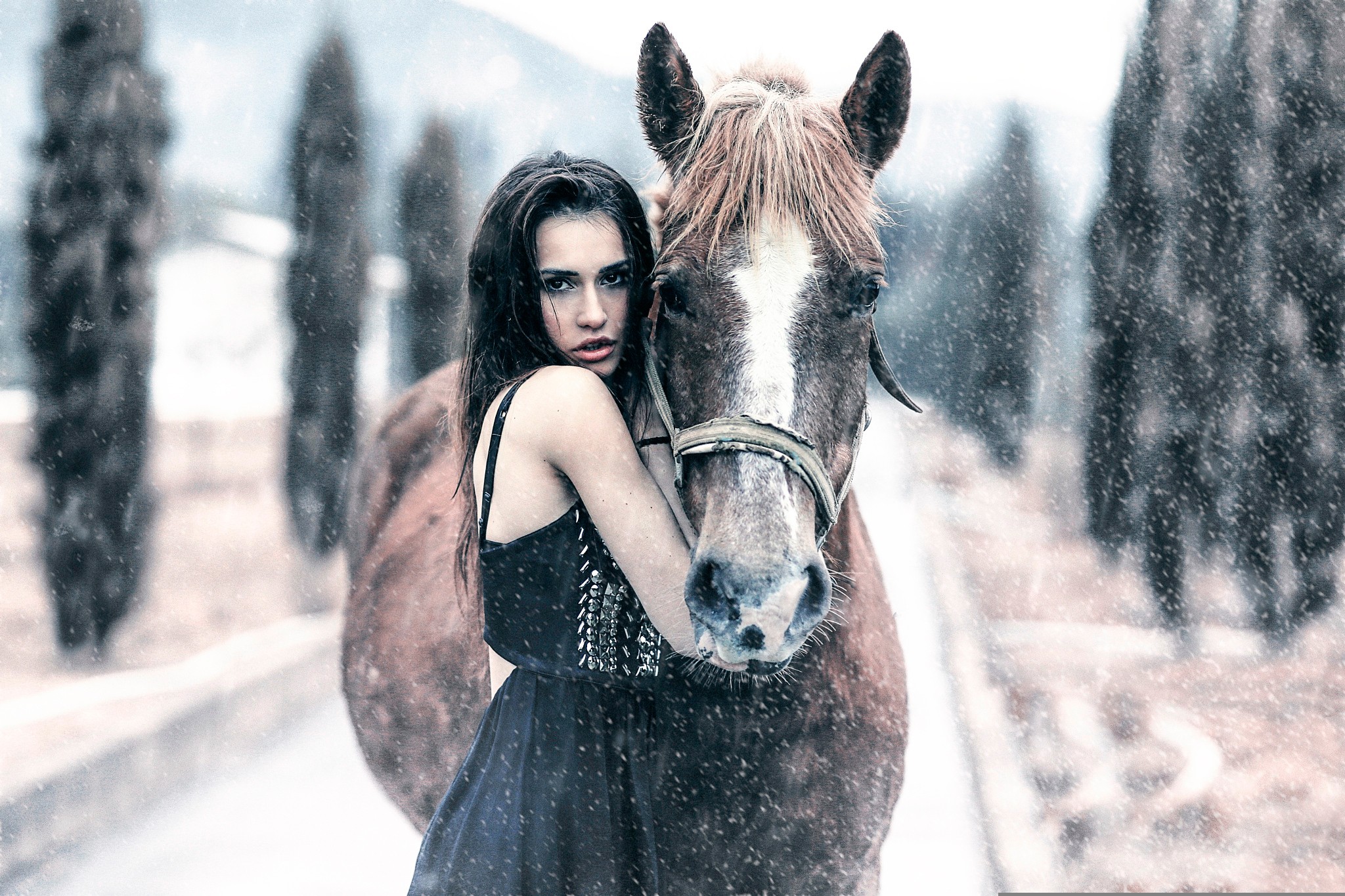 People 2048x1365 women outdoors horse women model animals women with horse mammals dark hair cold outdoors looking at viewer