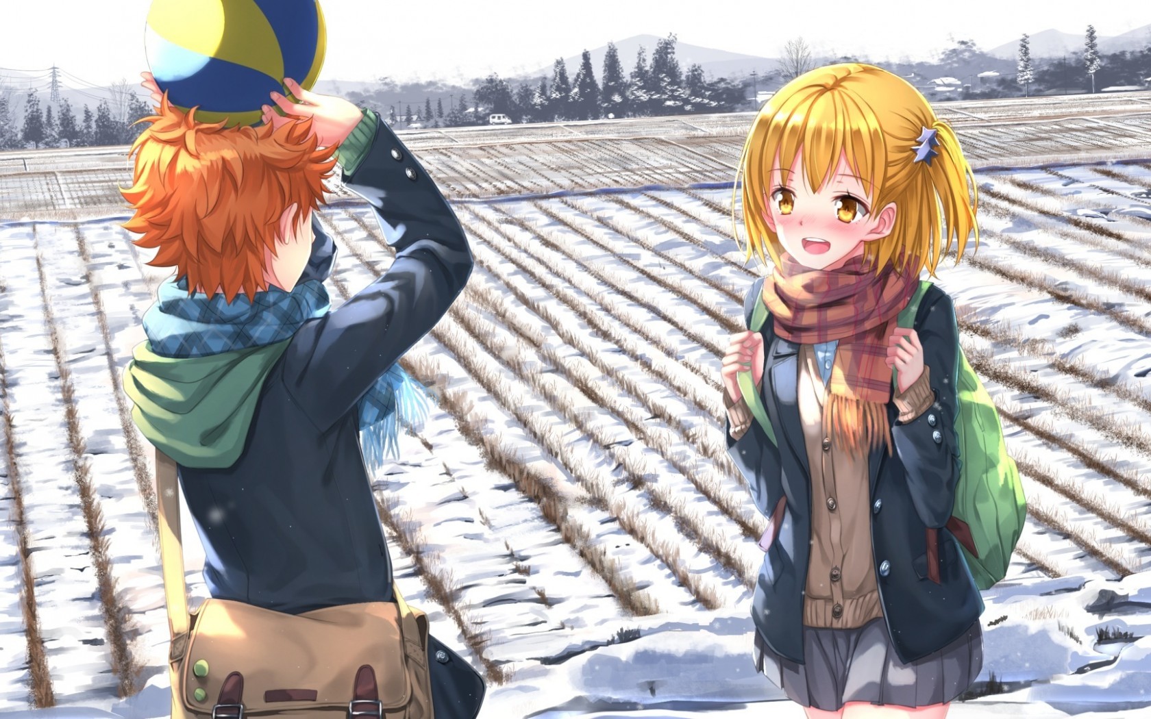 Anime 1680x1050 anime boys anime girls winter field snow blonde ball anime