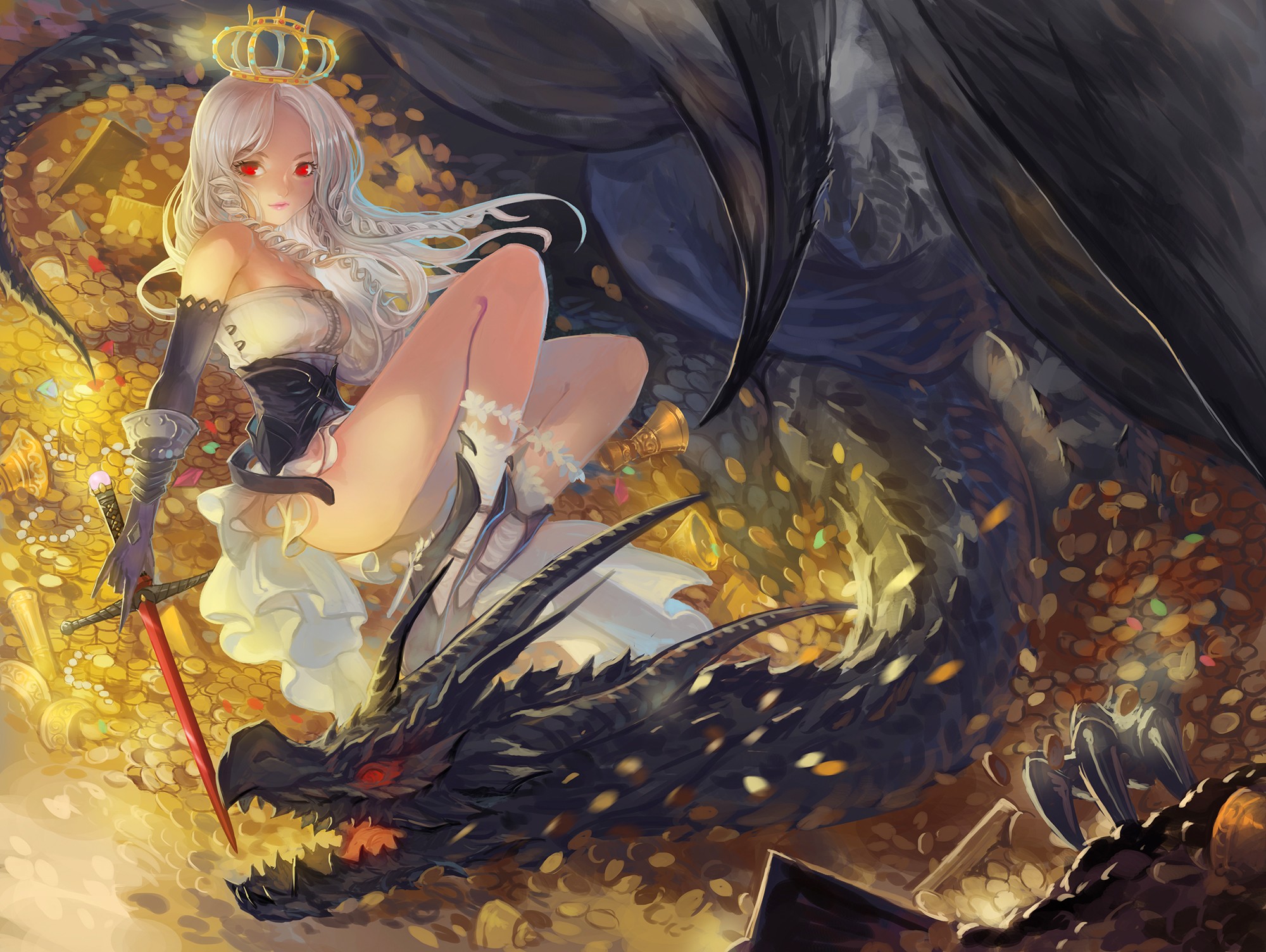 Anime 2000x1504 anime anime girls dragon original characters crown red eyes fantasy art fantasy girl legs thighs creature gold treasure women women with swords