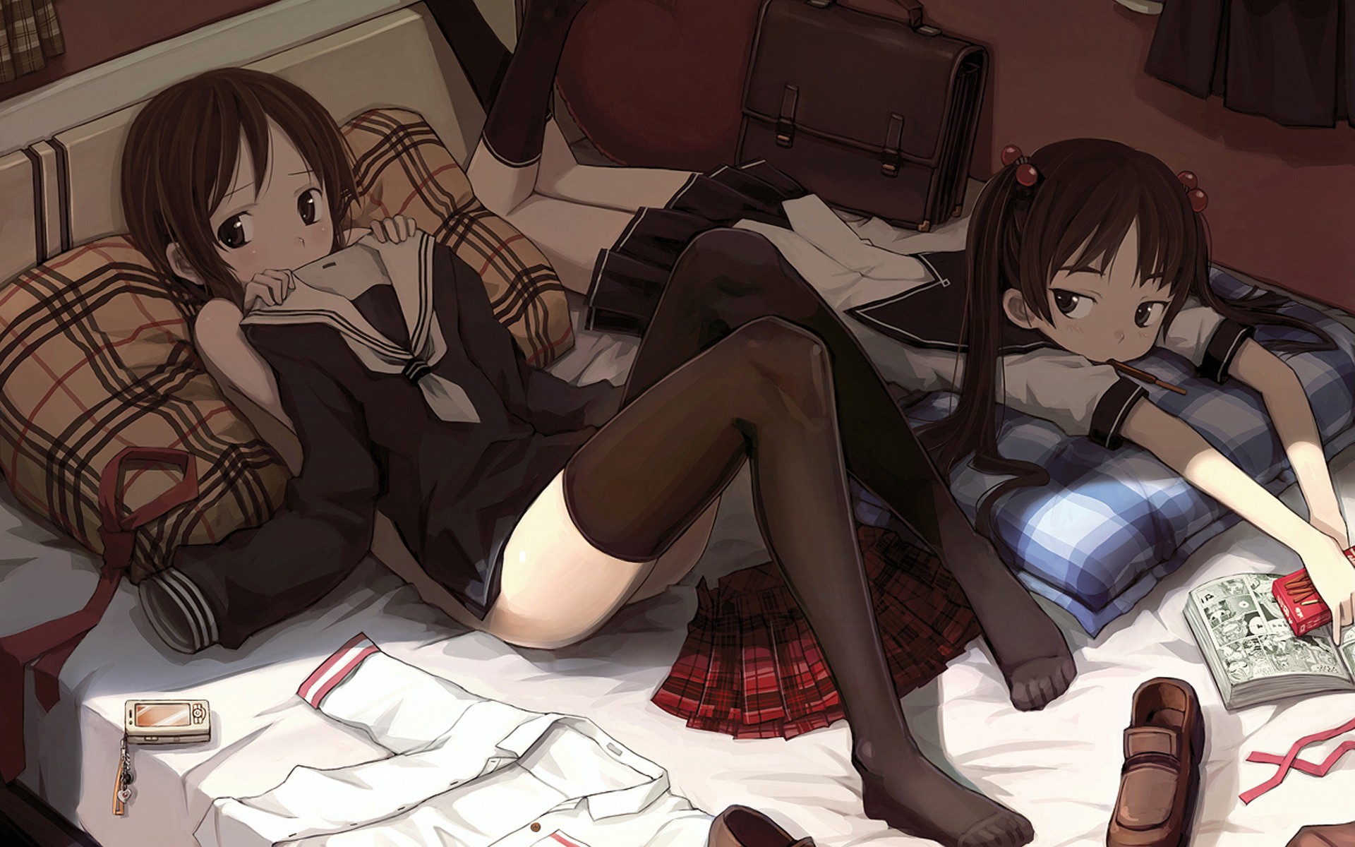 Anime 1920x1200 anime anime girls original characters school uniform socks crew socks bent legs stockings thigh-highs two women bed in bed black stockings loli