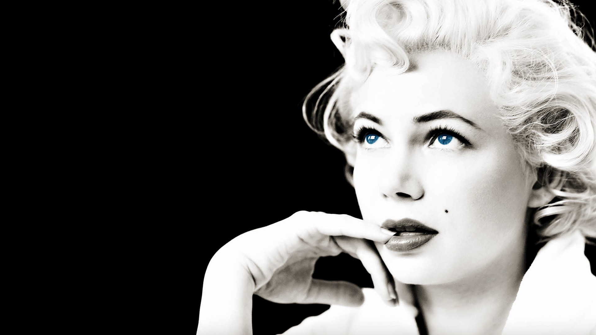 People 1920x1080 women blonde long hair face portrait actress looking up selective coloring blue eyes finger on lips legend black background old photos Michelle Williams Marilyn Monroe movies American women simple background