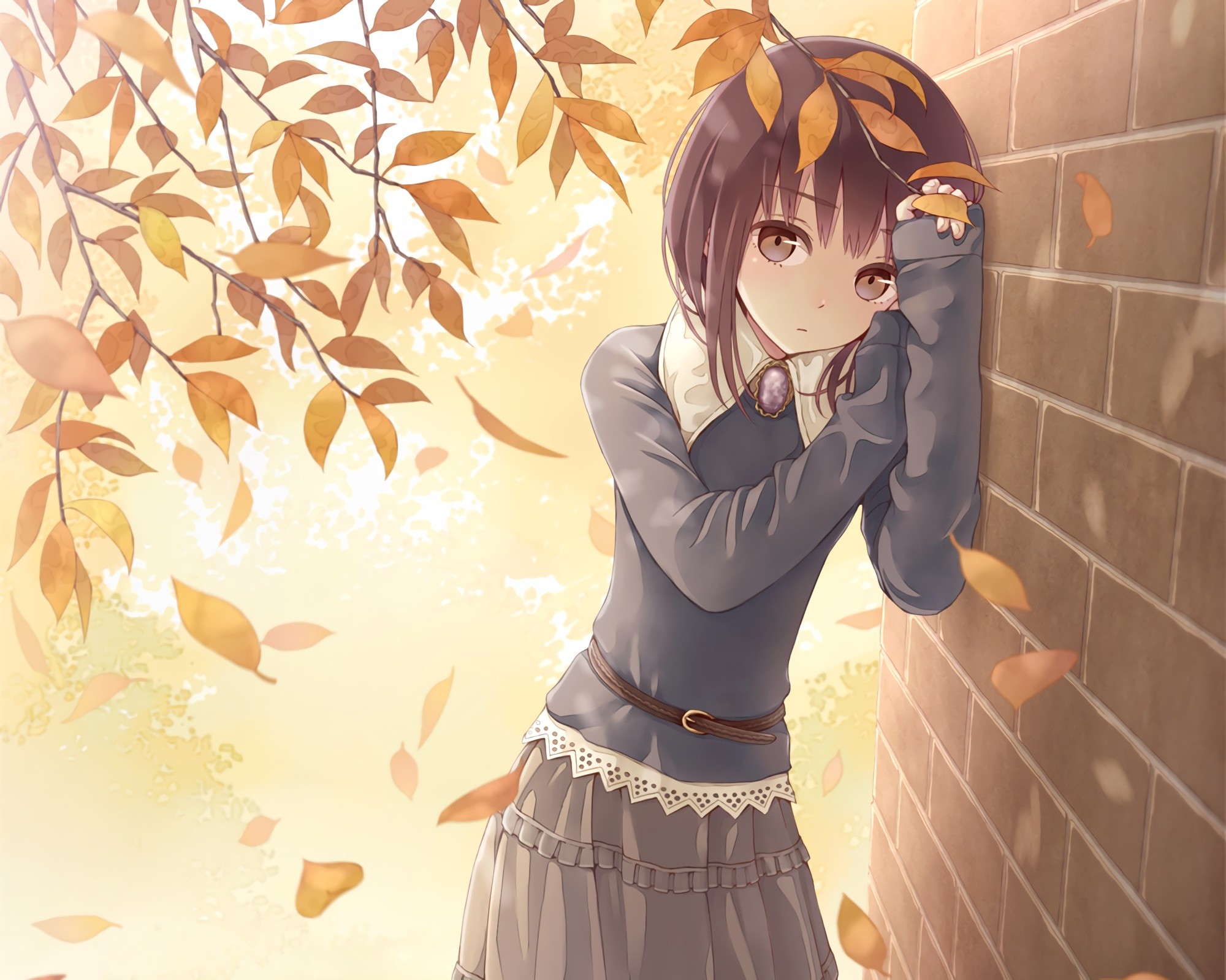 Anime 2000x1600 anime anime girls original characters leaves brunette Pixiv sad looking at viewer wall women outdoors