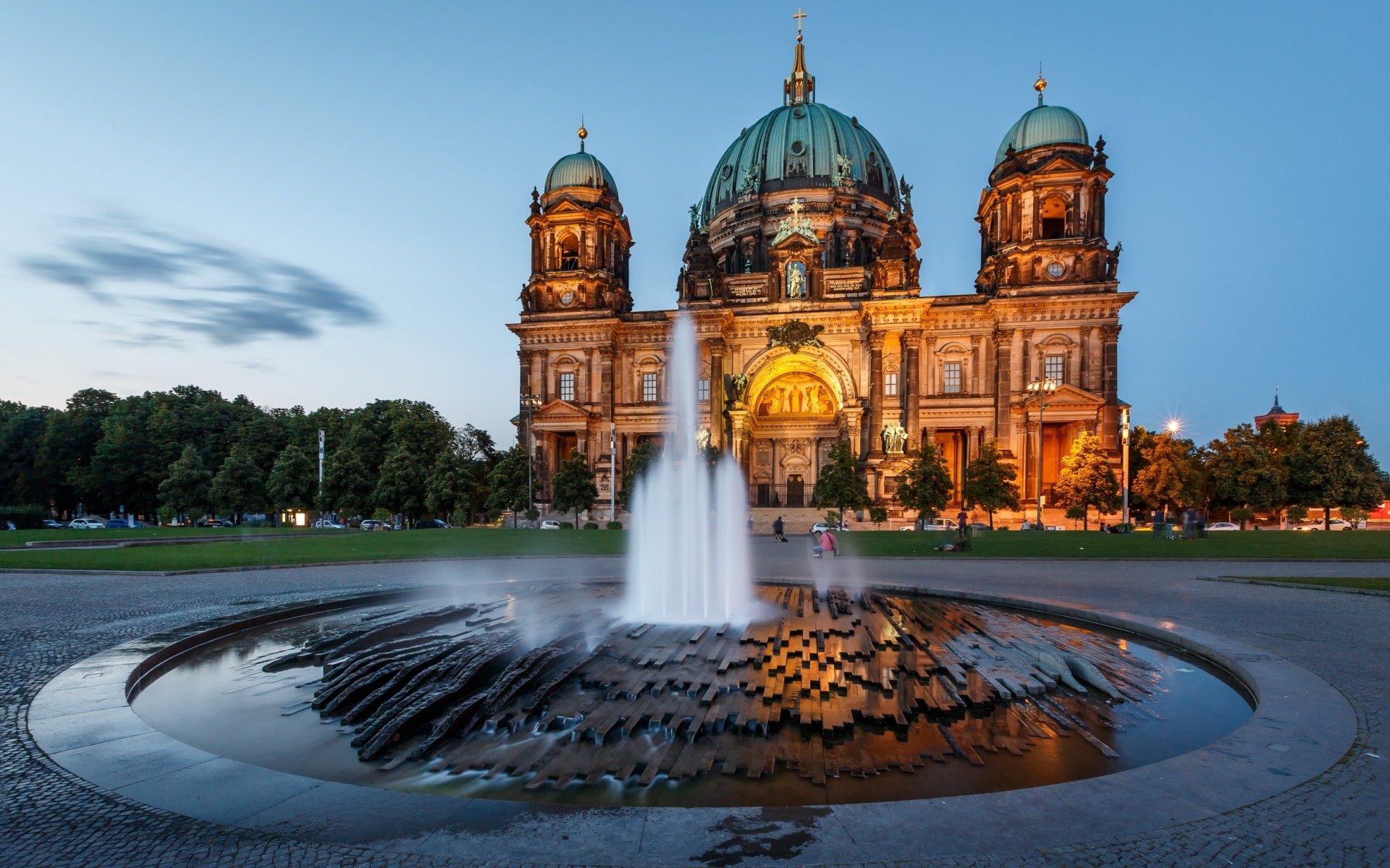 General 1920x1200 architecture castle water clouds Berlin Germany fountain cathedral trees field dome sculpture long exposure lights