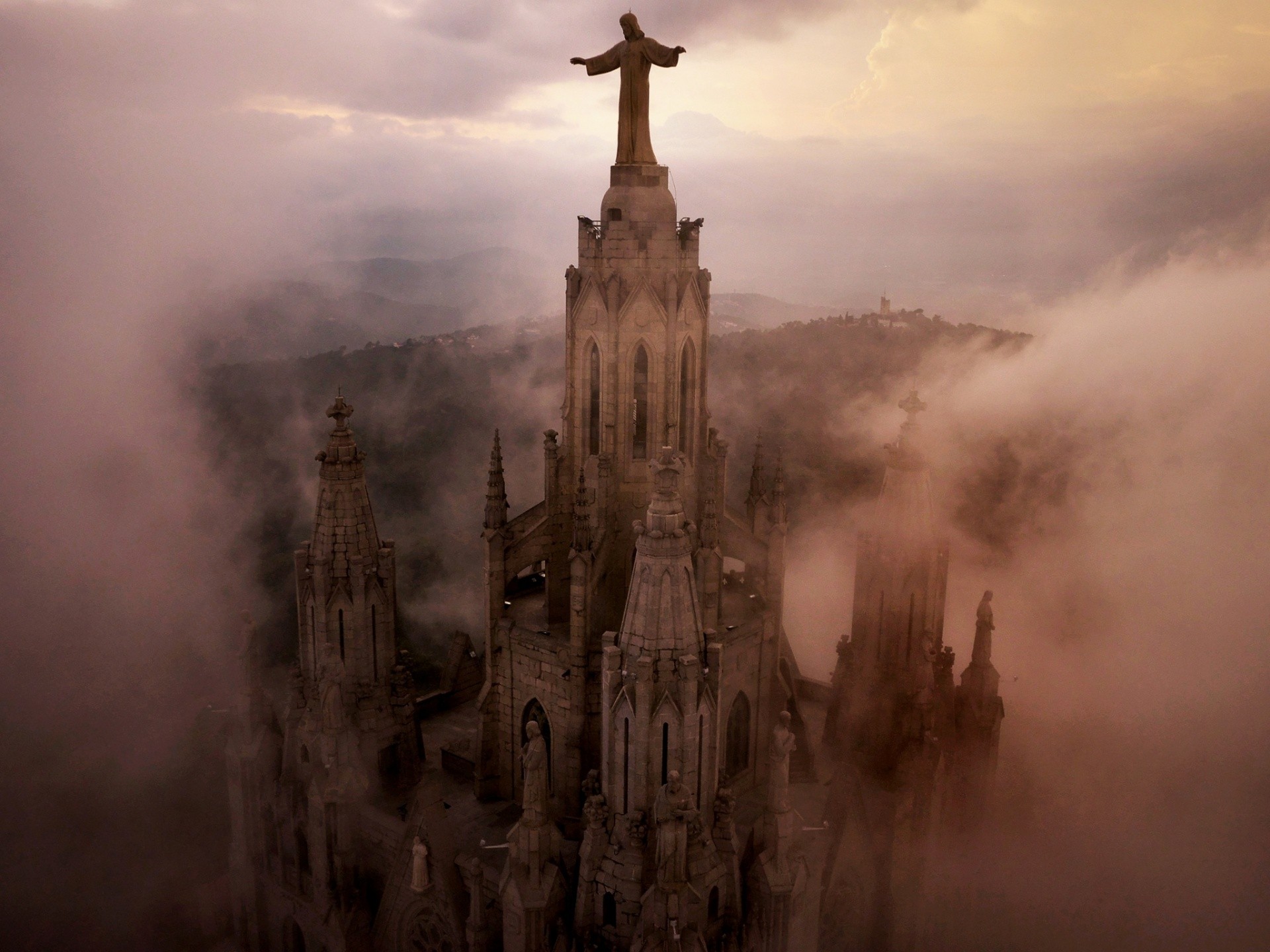 General 1920x1440 architecture building statue Jesus Christ cathedral clouds mist hills church Barcelona Spain aerial view tower