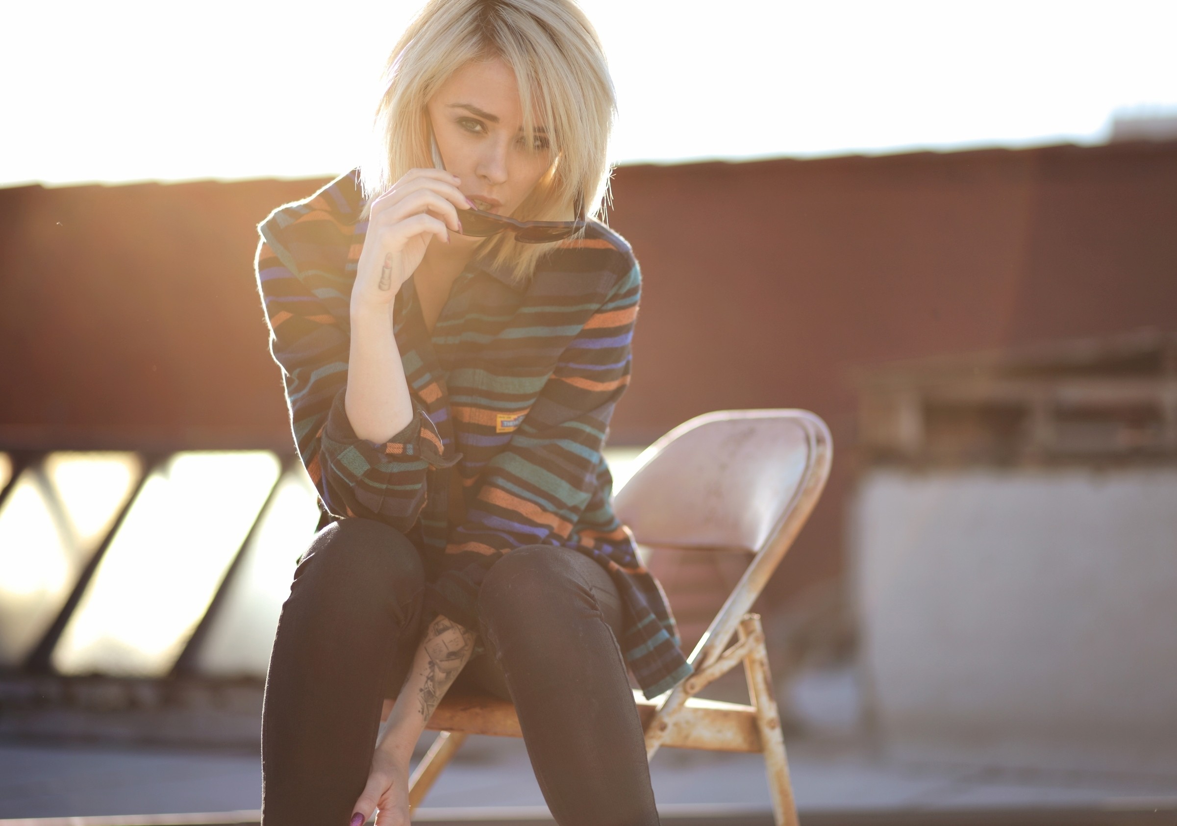 People 2401x1685 women women with glasses Alysha Nett women with shades sunglasses dyed hair women outdoors chair looking at viewer striped clothing overexposed