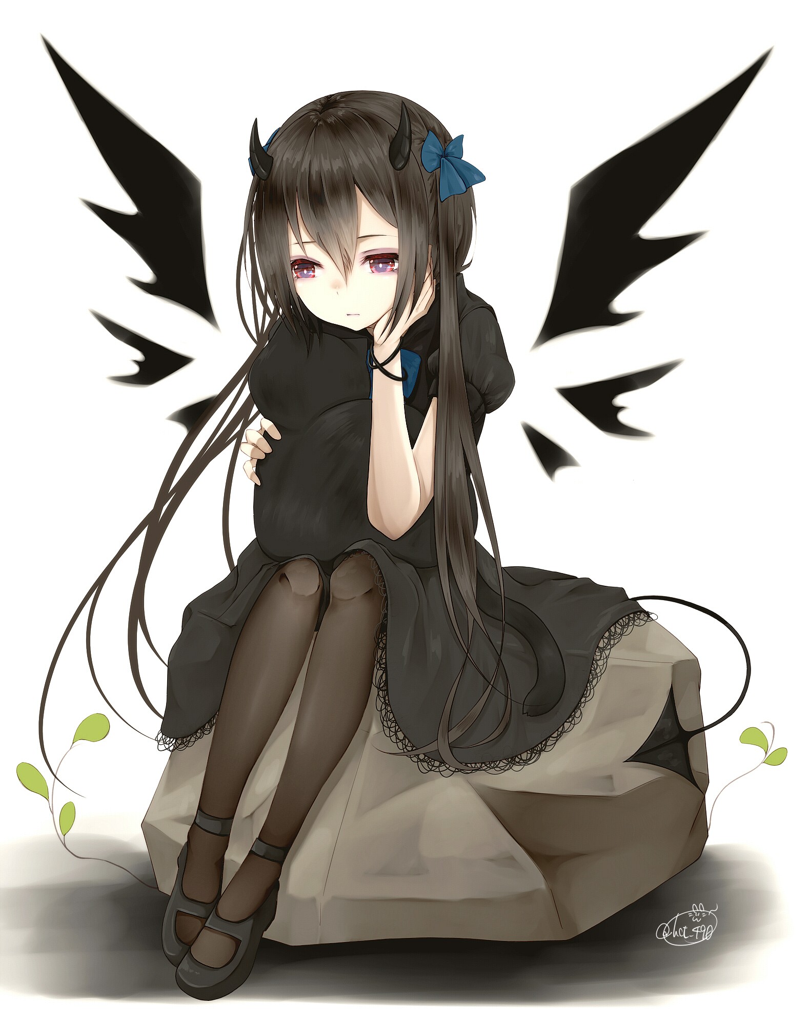 Anime 1572x2000 white background black dress pantyhose tail wings