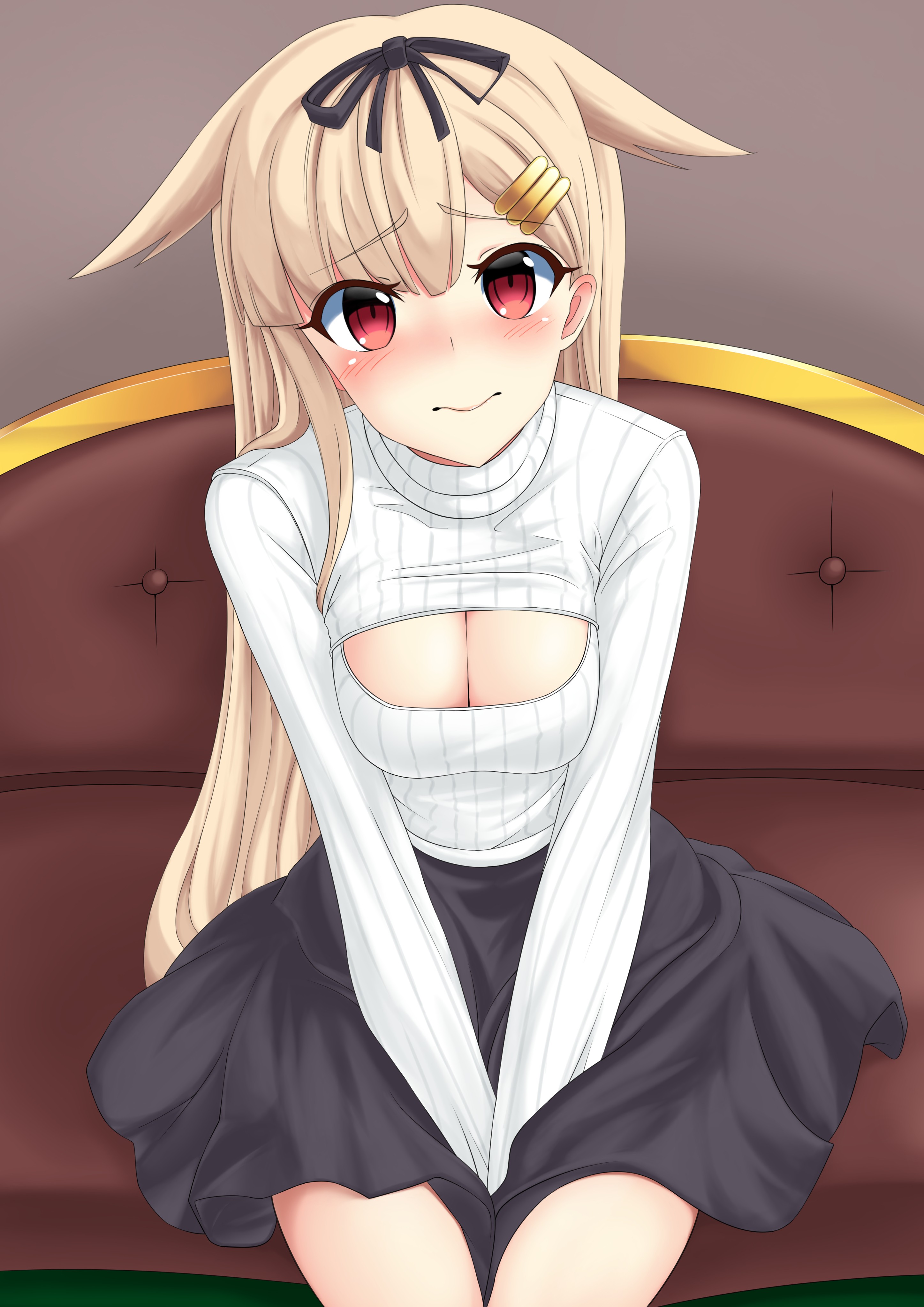 Anime 2894x4093 anime anime girls Kantai Collection Yuudachi (KanColle) open shirt long hair blonde red eyes skirt cleavage holding boobs