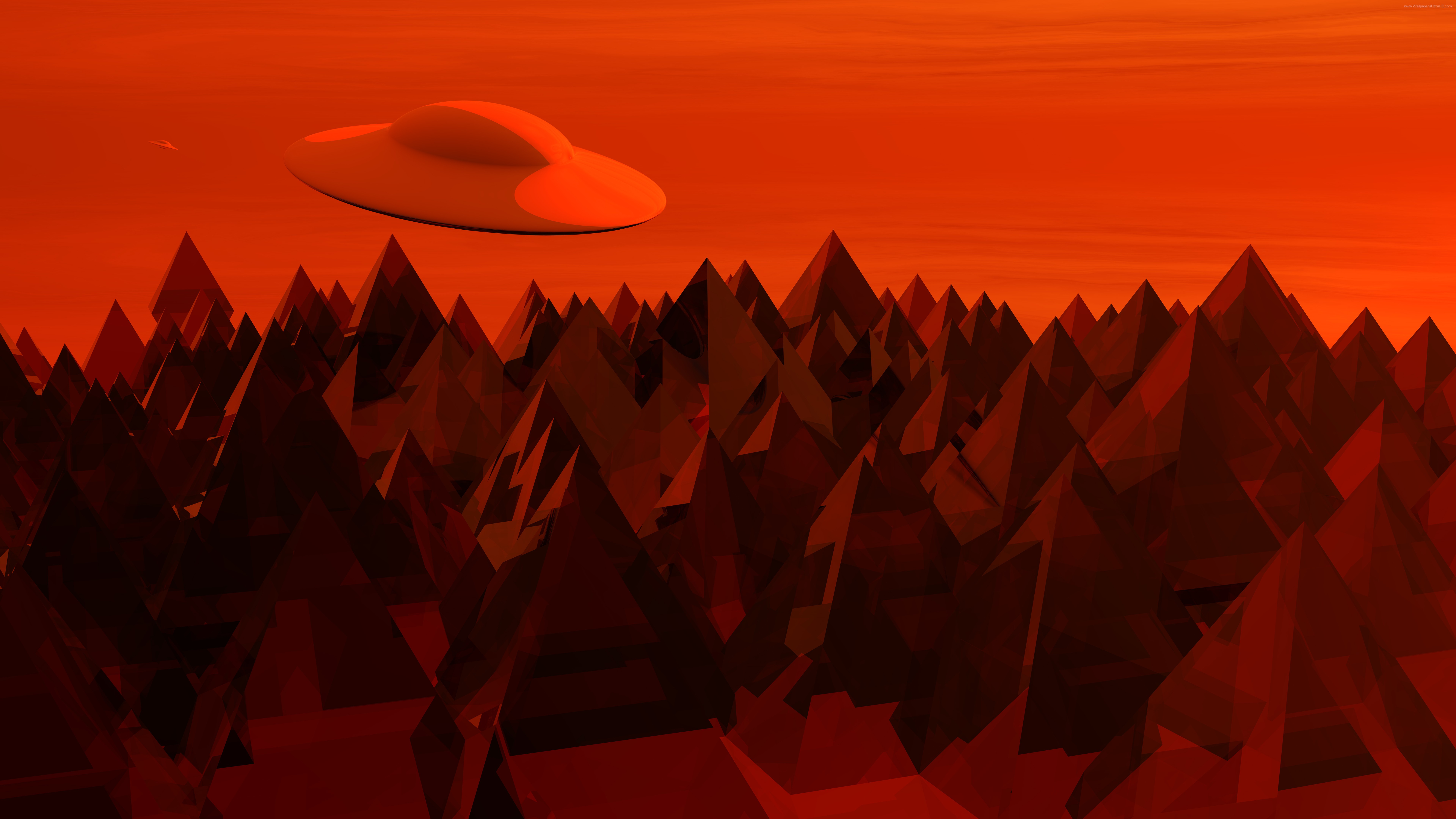 General 7680x4320 flying saucers mountains red sky red UFO digital art red background CGI vehicle