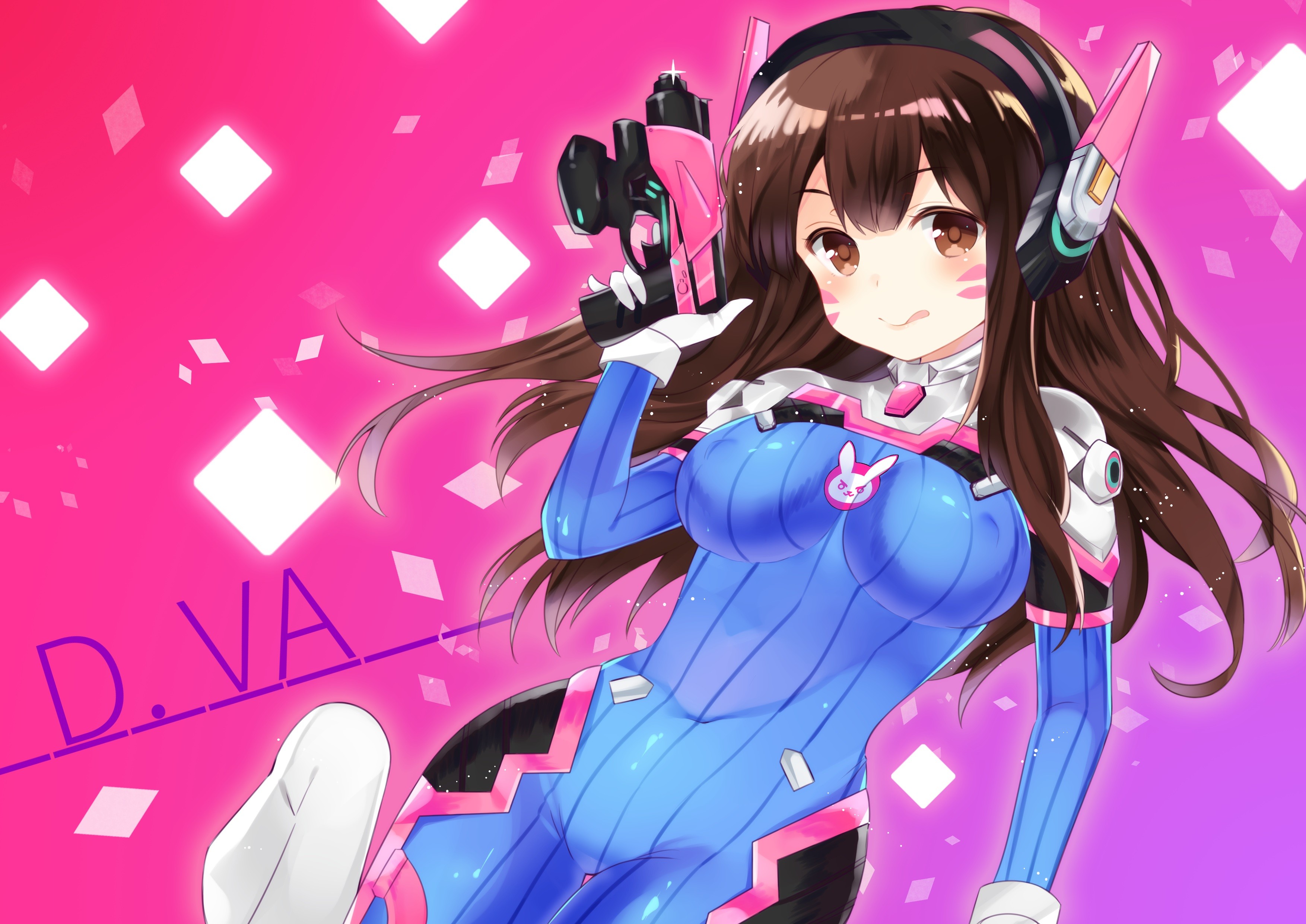 Anime 3507x2481 anime anime girls Overwatch D.Va (Overwatch) bodysuit gun headphones brunette brown eyes PC gaming girls with guns boobs tongue out long hair video game girls fan art Pixiv video game characters