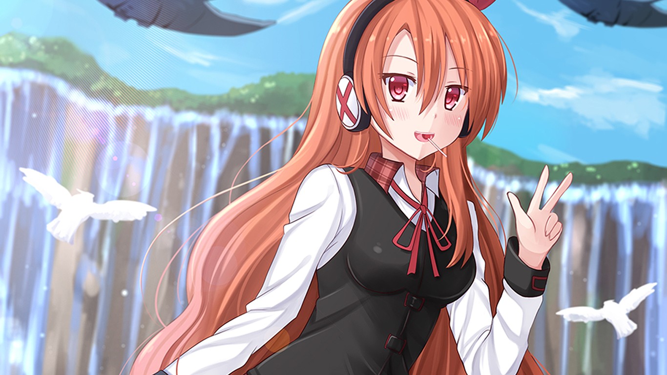 Anime 1366x768 Akame ga Kill! Chelsea headphones waterfall red eyes redhead birds anime girls kazenokaze