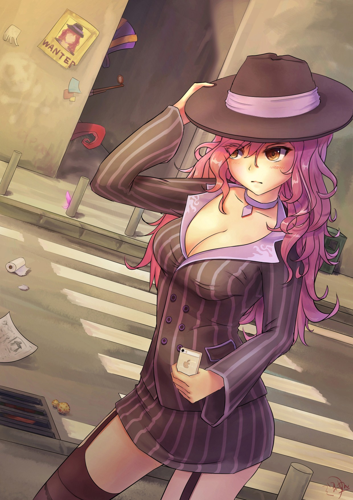 Anime 1240x1754 anime anime girls League of Legends Miss Fortune (League of Legends) open shirt long hair pink hair red eyes hat street