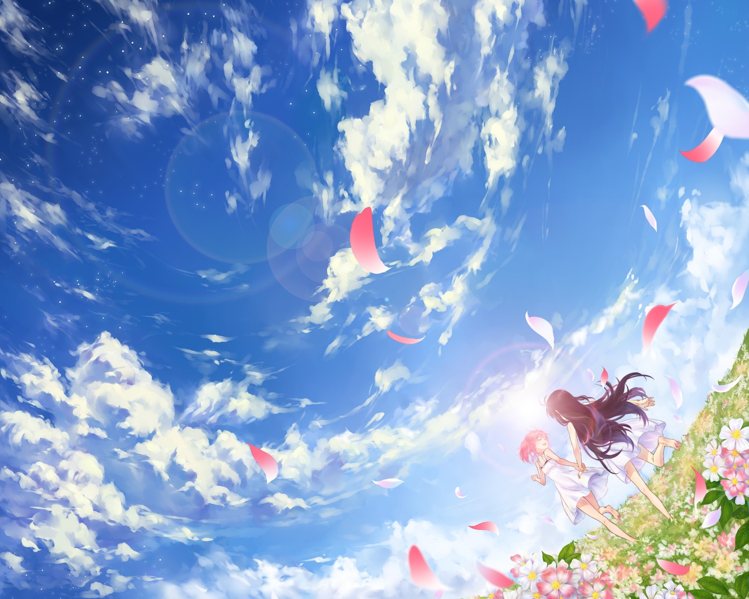 Anime 1500x1200 Mahou Shoujo Madoka Magica Homura Akemi Kaname Madoka anime sky clouds petals flowers two women women outdoors running long hair anime girls