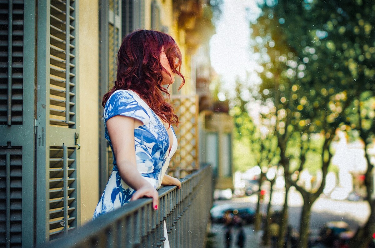 People 1200x795 balcony urban city redhead women women outdoors red nails dyed hair looking away blue dress dress blue clothing model