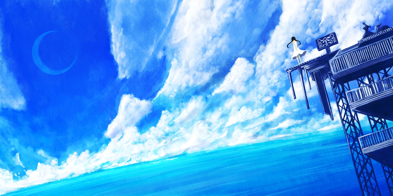 Anime 1600x800 anime water clouds blue cyan sky anime girls sea standing rooftops