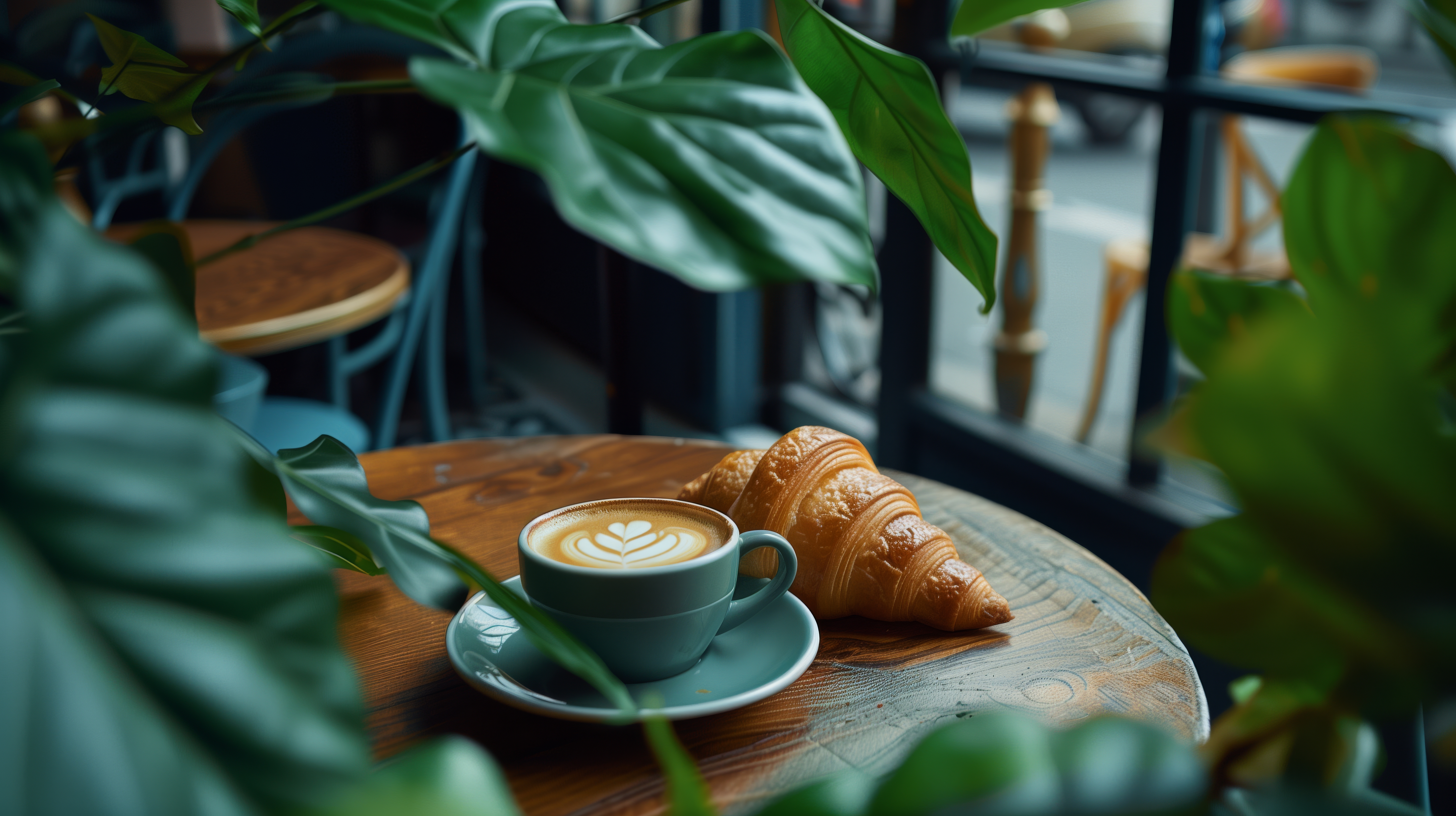 General 5824x3264 AI art croissants cappuccino coffee cafe plants