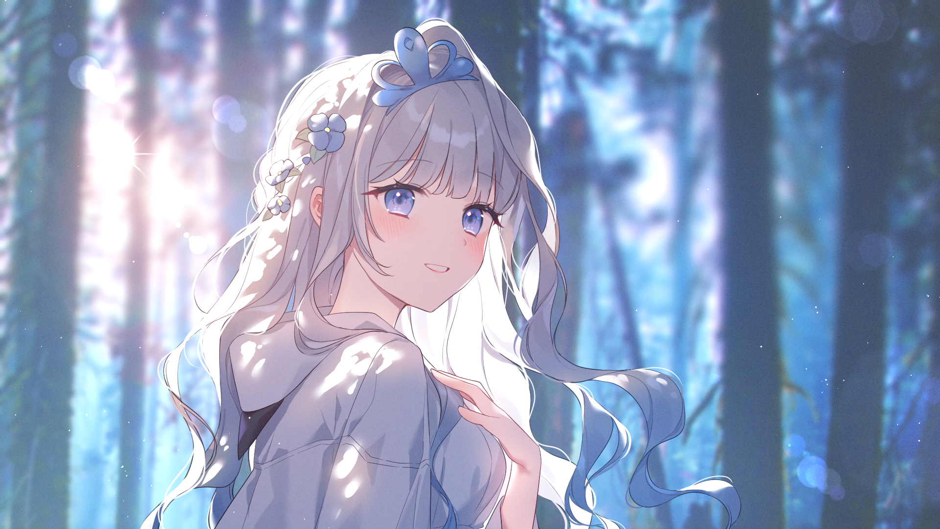 Anime 1920x1080 anime anime girls smiling forest blushing blue eyes white hair