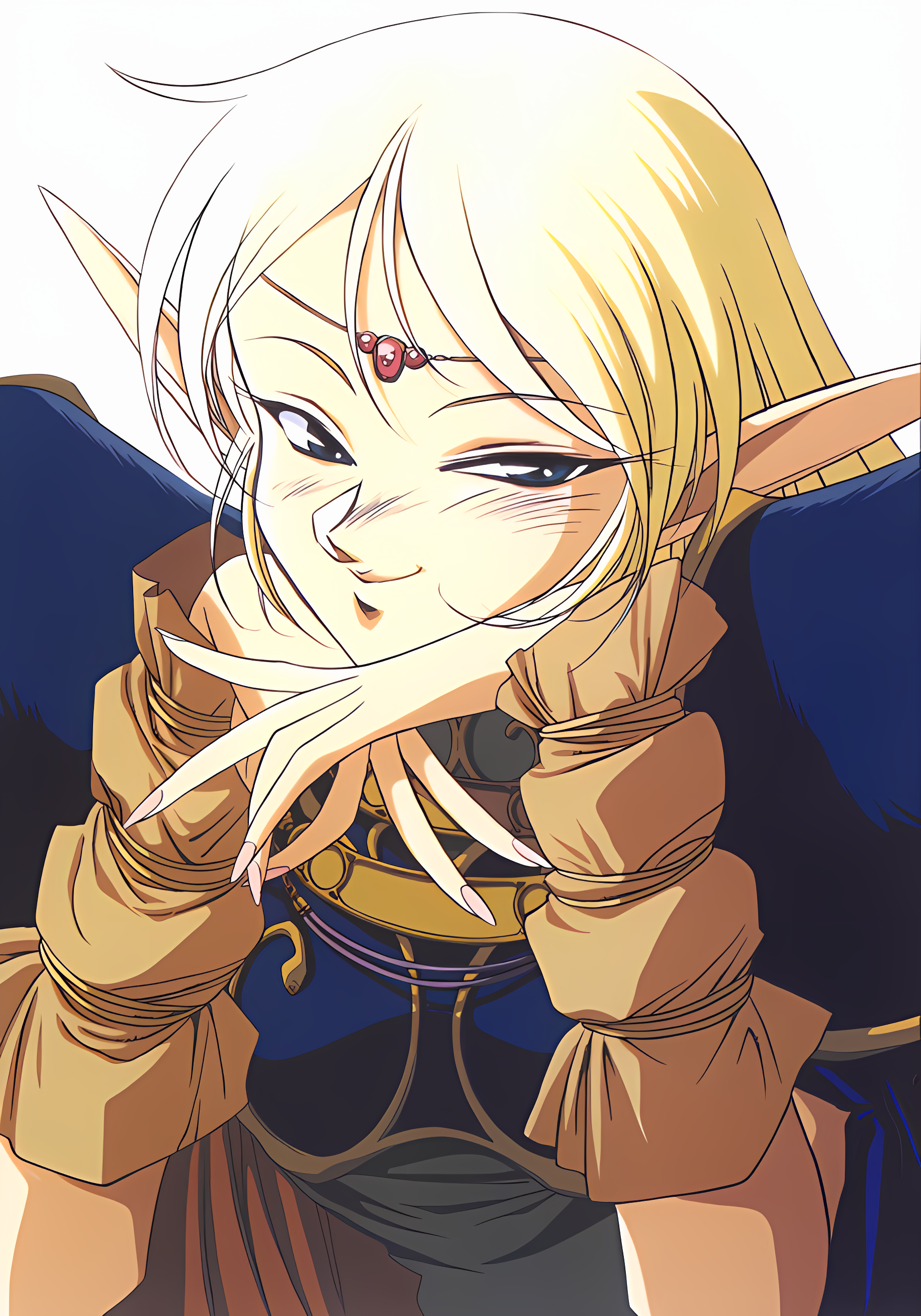 Anime 1832x2616 Record of Lodoss War Deedlit elven anime girls elves pointy ears blonde arm support smiling