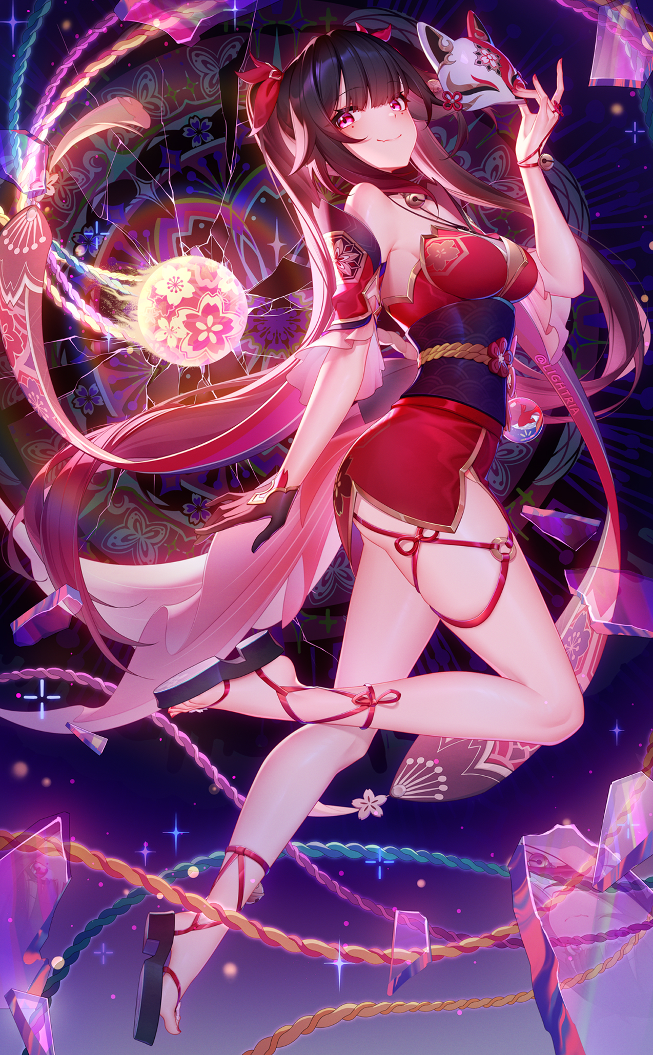 Anime 1274x2059 Honkai: Star Rail red dress portrait display long hair Sparkle (Honkai: Star Rail) looking at viewer thighs detached sleeves Lightria pink eyes asian clothing Japanese clothes no bra closed mouth big boobs hair ribbon fox mask smiling twintails