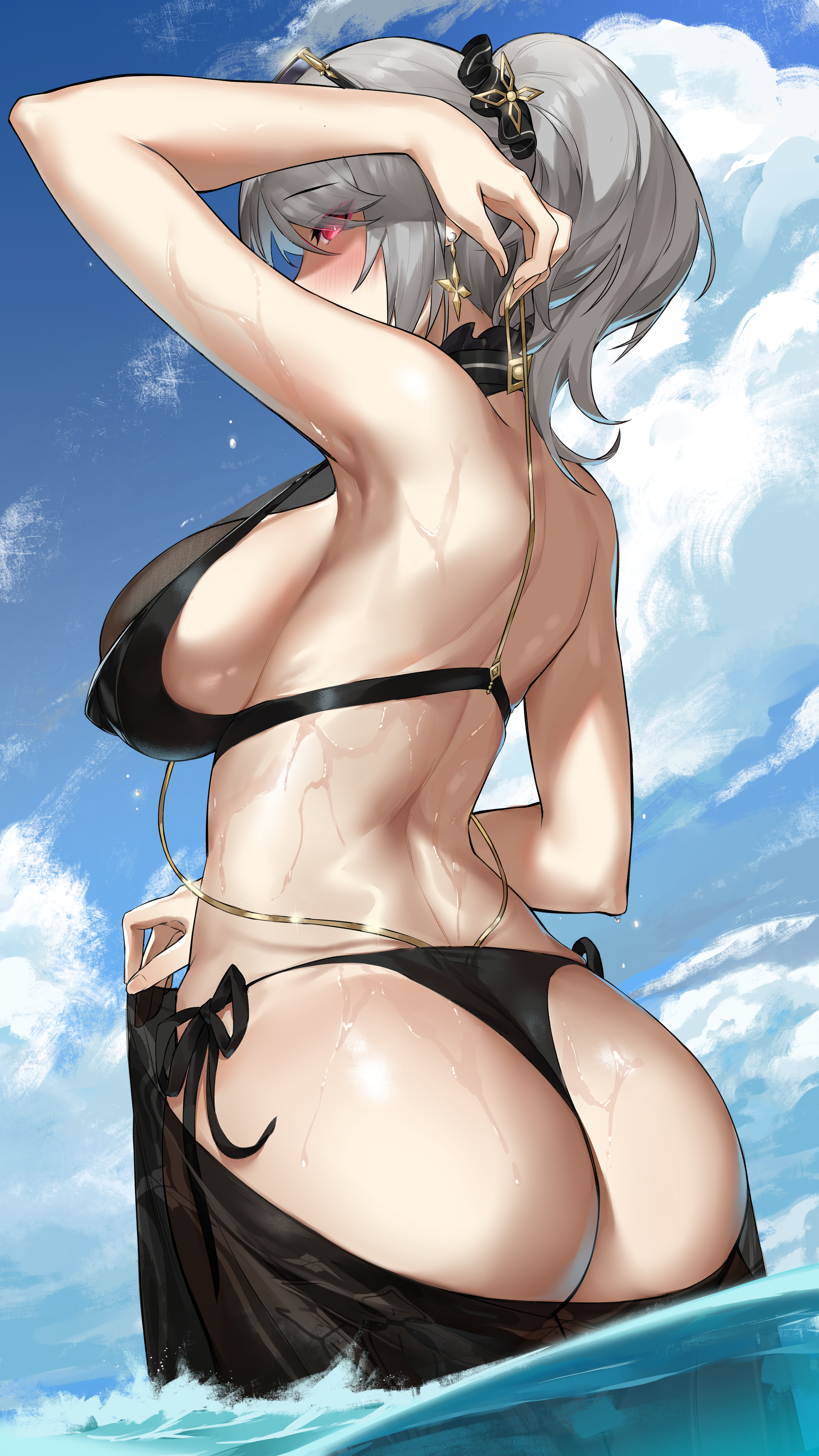 Anime 2250x4000 Aether Gazer black bikinis portrait display red eyes Kotachi (Aether Gazer) huge breasts mature body looking at viewer ponytail looking sideways armpits black swimsuit thick ass wet body glowing eyes one arm up sunglasses water standing in water see-through clothing wet DawalixiP2 string bikini ass clouds sky sarong water drops