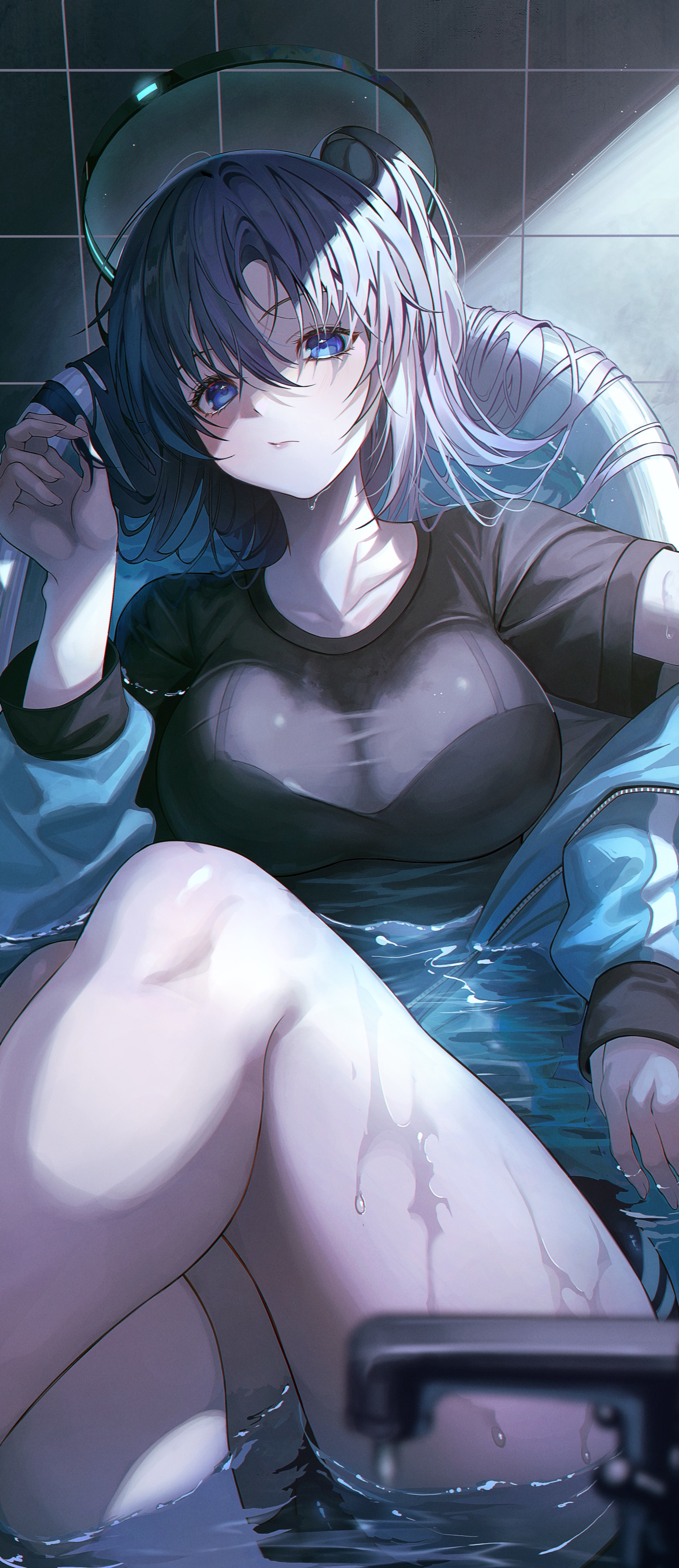 Anime 1515x3500 anime anime girls in bathtub Hayase Yuuka NouBin portrait display Blue Archive long hair looking at viewer water in water collarbone short sleeves cleavage big boobs women indoors blue hair blue eyes closed mouth jacket open jacket long sleeves bent legs hair in face tiles holding hair wet body thighs wet