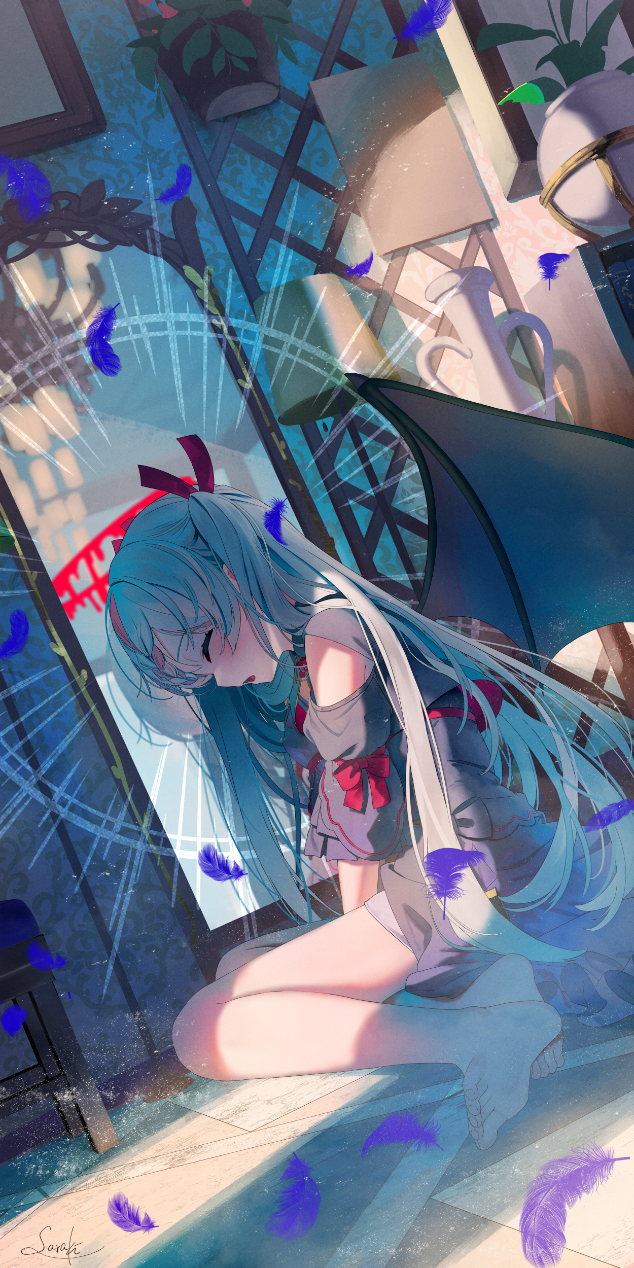 Anime 1250x2500 anime anime girls portrait display Saraki long hair closed eyes open mouth blue hair demon girls feathers signature bent legs hair ribbon braids barefoot foot sole on the floor wings plants leaves lamp mirror reflection sunlight bow tie