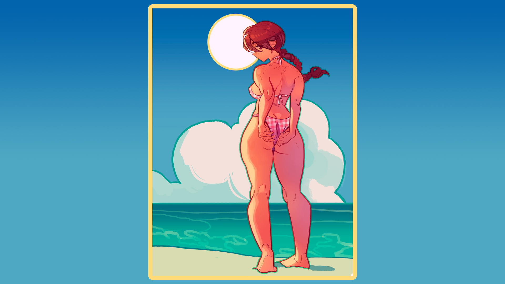 Anime 1920x1080 Neal D Anderson pulling panties beach rear view redhead gradient clouds water blue background feet thighs pink bikini sideboob freckles bikini looking at viewer tanned plaid clothing