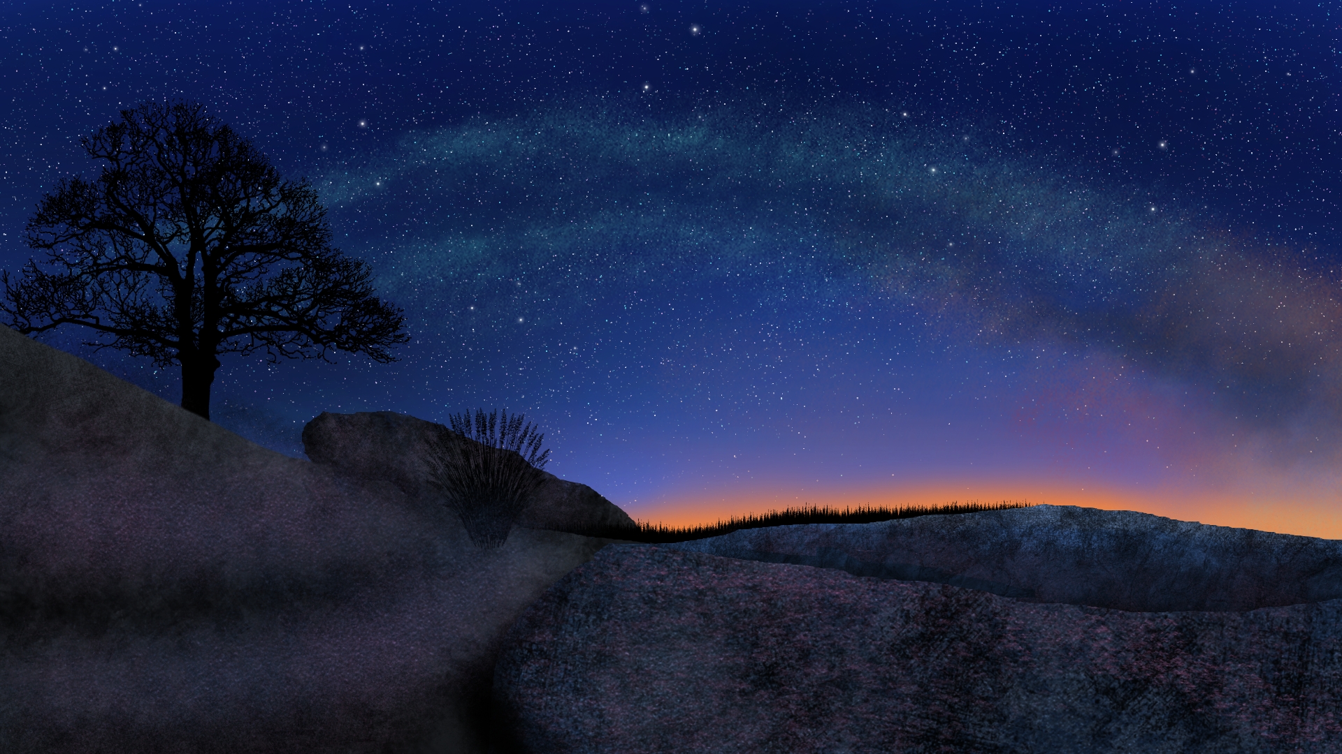 General 1920x1080 digi-art digital painting landscape starry night colorful night sky stars trees nature natural light