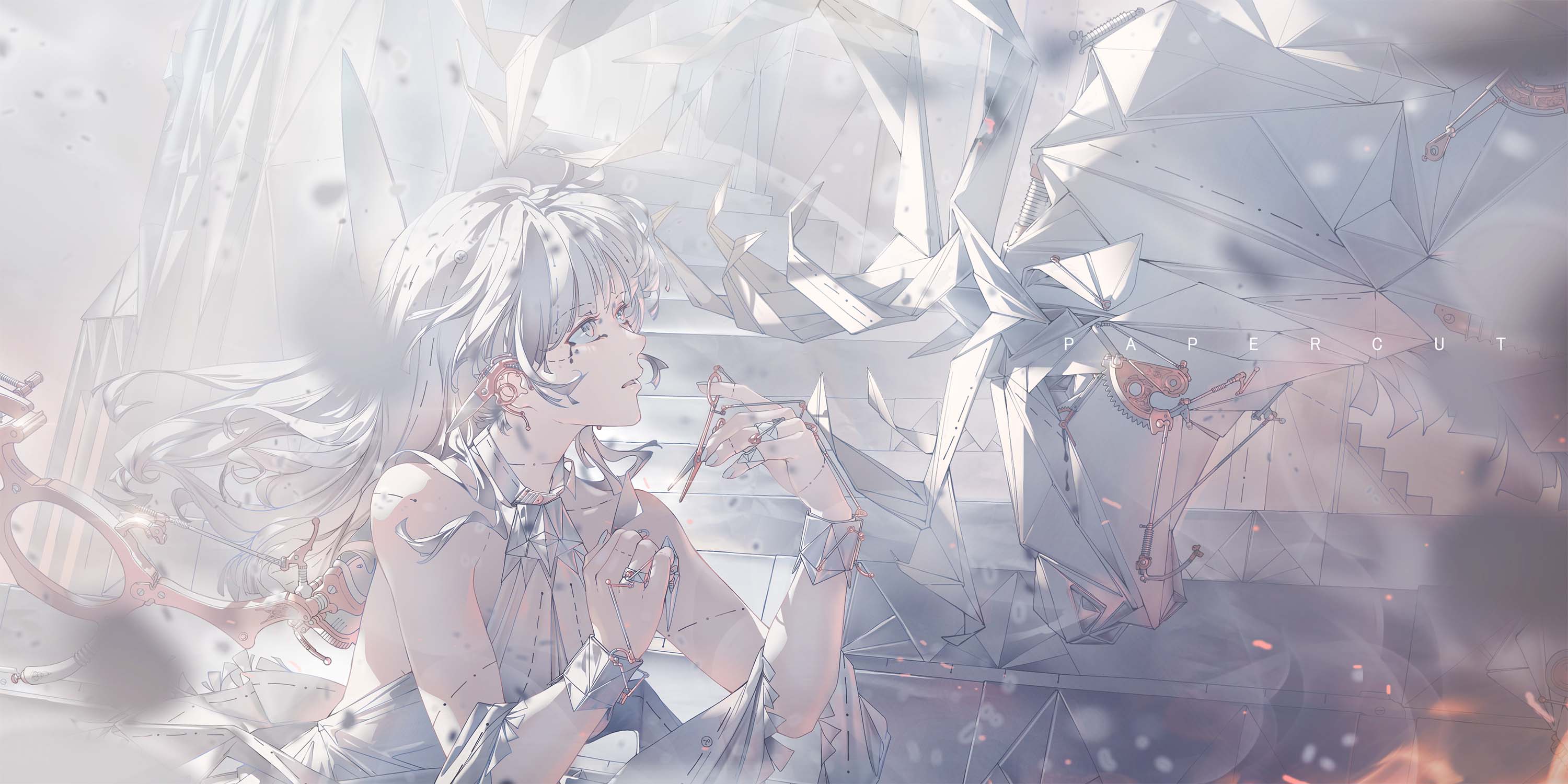 Anime 3000x1500 anime anime girls white hair scissors paper crying long hair looking away origami white dress bright parted lips original characters white bare shoulders rings