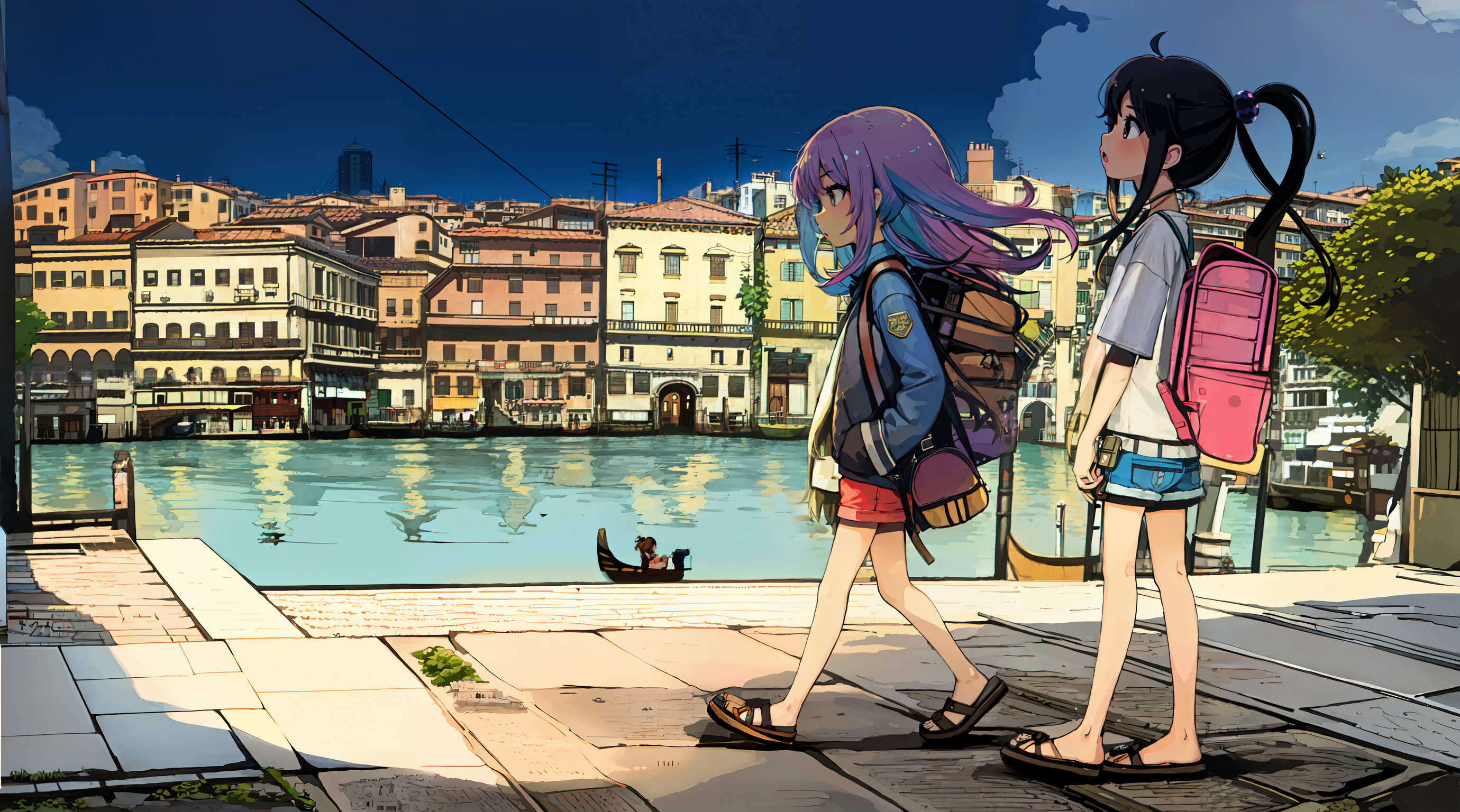 Anime 2760x1536 AI art canal loli anime girls two women looking away walking hands in pockets long hair two tone hair ponytail backpacks village water sky clouds jacket short sleeves children