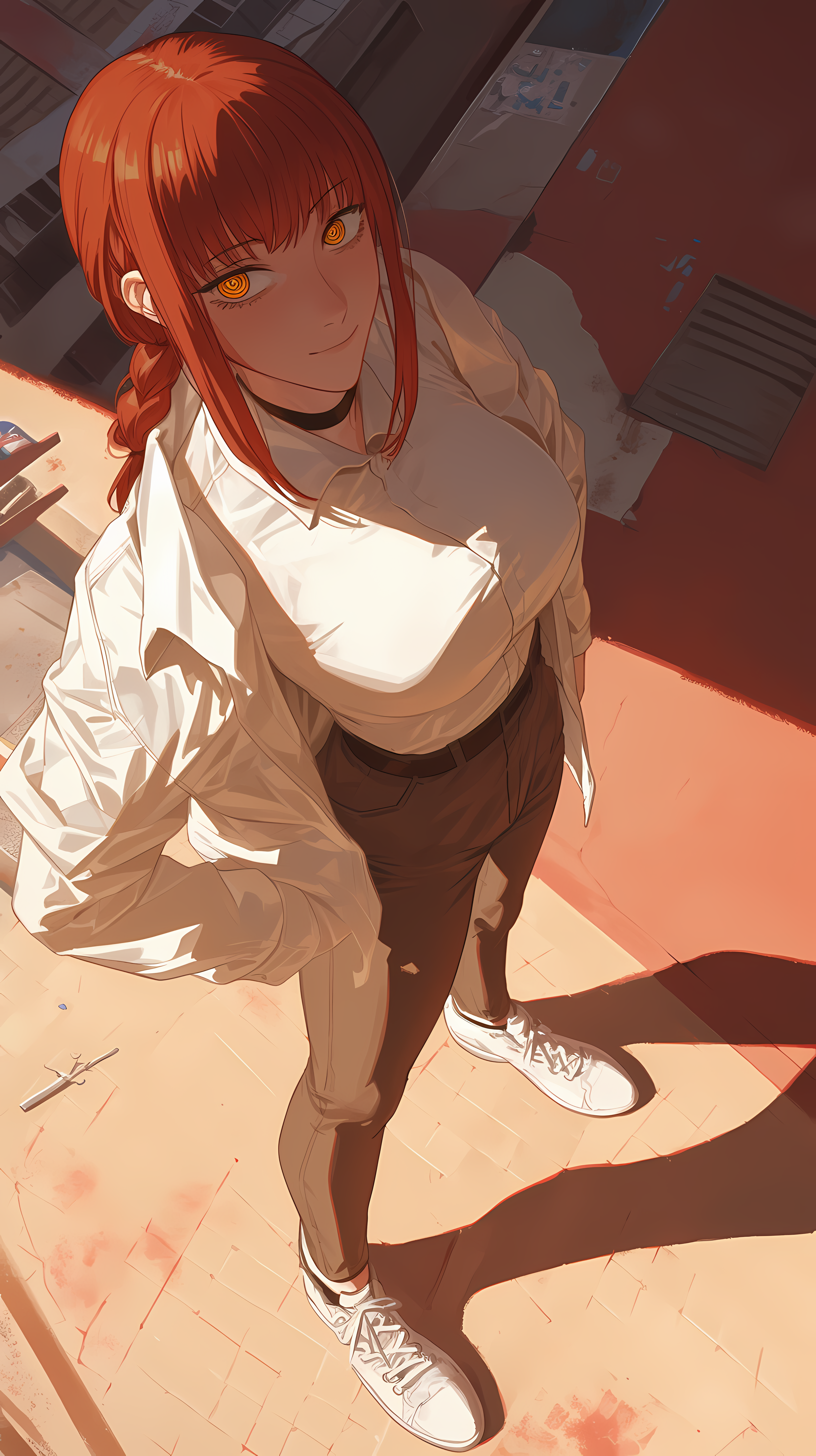 Anime 3264x5824 high angle AI art Makima (Chainsaw Man) Chainsaw Man casual redhead red eyes portrait display standing anime girls closed mouth yellow eyes ringed eyes hands in pockets sunlight smiling looking at viewer collared shirt ponytail long hair jacket belt