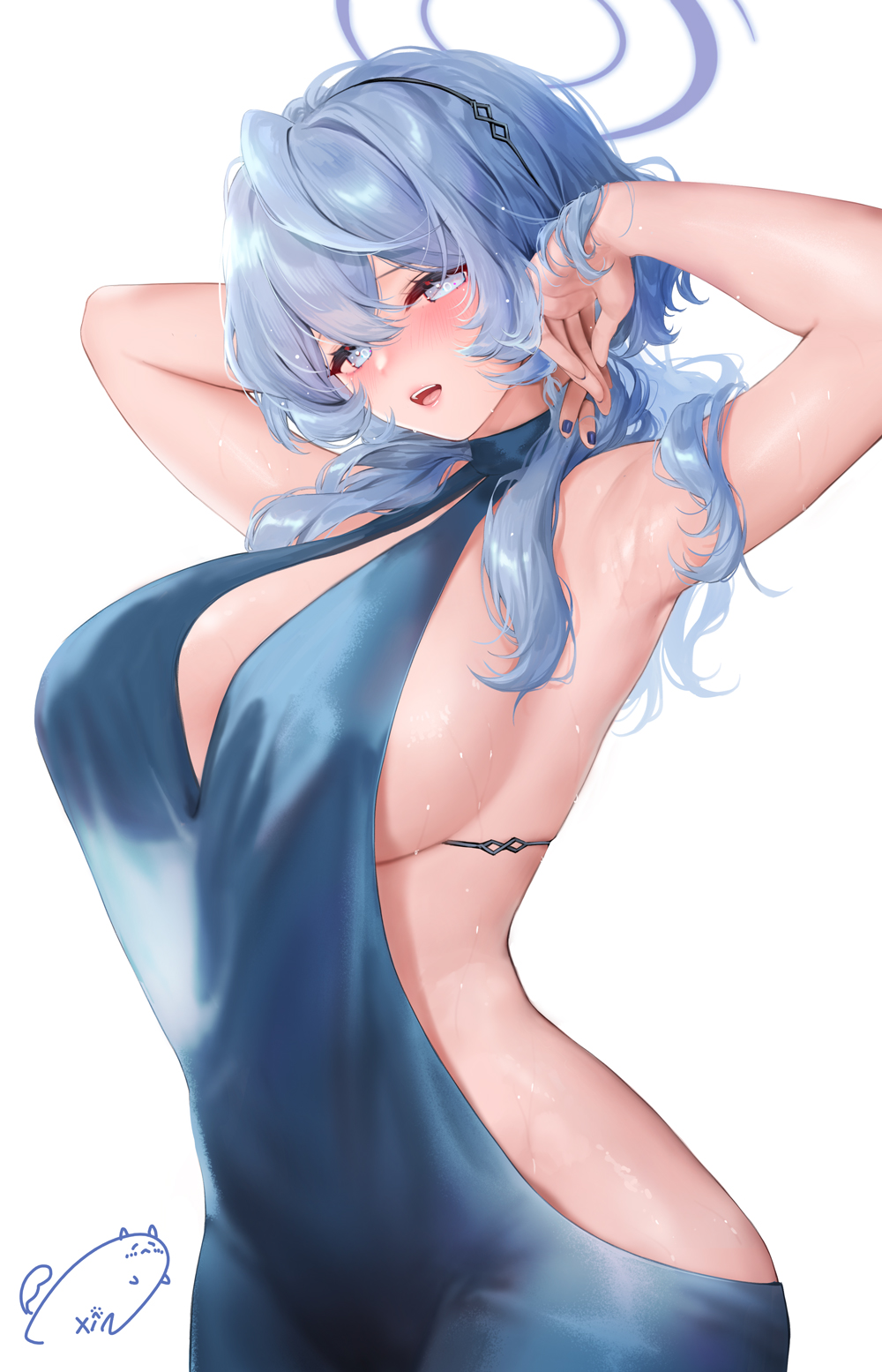 Anime 1000x1555 Blue Archive long hair portrait display blue dress huge breasts blue hair sweaty body open mouth light blue eyes armpits simple background dress white background no bra blushing bare shoulders signature Weisuoxin cocktail dress blue nails Obiwan (artist) arms up nopan covering nipples Amau Ako (Blue Archive)