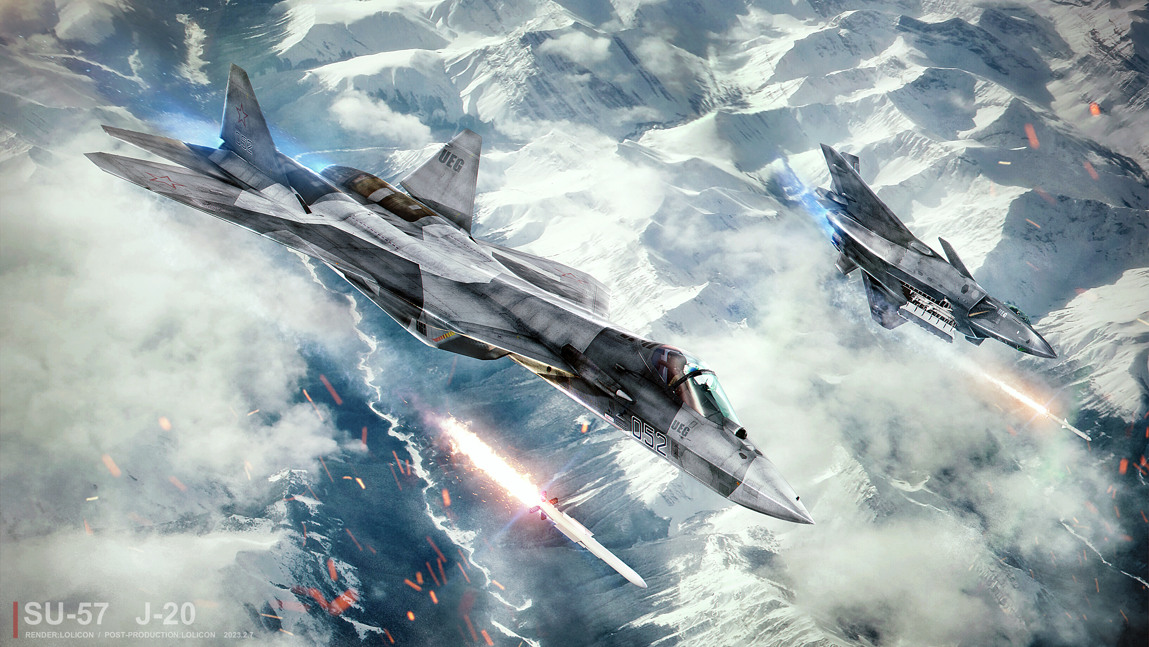 General 4000x2252 Russian Air Force Russian/Soviet aircraft CGI artwork mountains White Mountains jet fighter Sukhoi Chengdu J-20 Chinese aircraft UEG Sukhoi Su-57 military watermarked flying sky dated pilot helmet missiles