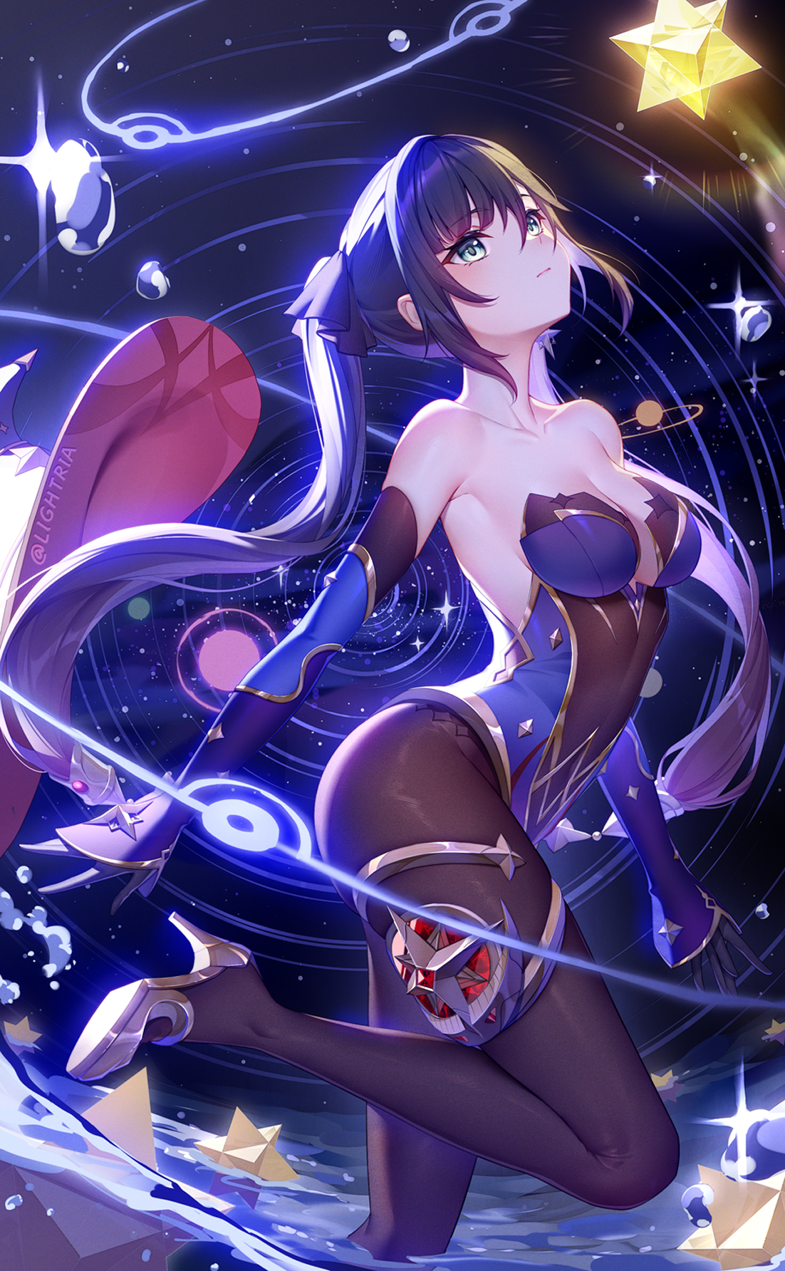 Anime 1102x1784 Genshin Impact stars portrait display leotard Mona (Genshin Impact) looking up big boobs twintails bare shoulders detached sleeves heels pantyhose closed mouth Lightria hair ornament long hair sparkles space thighs