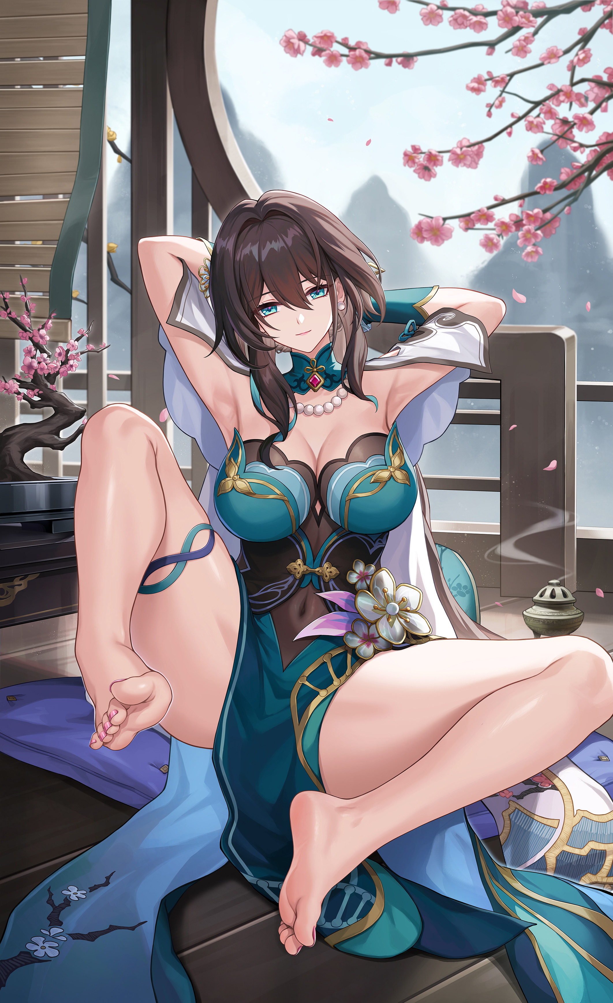 Anime 2124x3474 Honkai: Star Rail barefoot portrait display brunette looking at viewer armpits Ruan Mei (Honkai: Star Rail) green dress big boobs spread legs foot sole Kacyu cherry blossom anime girls bent legs hair between eyes cleavage pearl necklace skinny asian clothing blue eyes pointed toes arms up arm(s) behind head petals branch pink flowers flowers wooden floor gloves green gloves