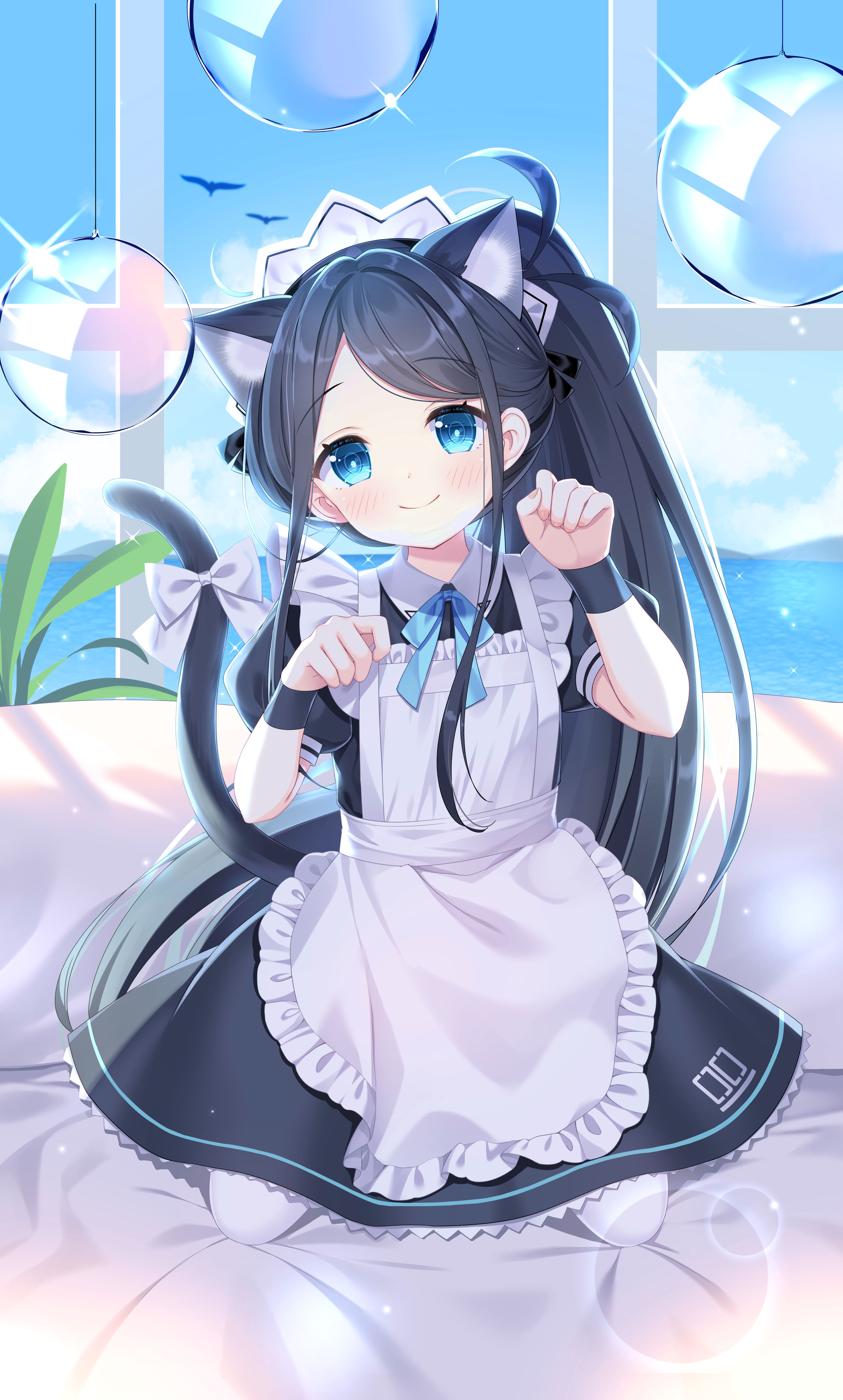 Anime 3615x6000 anime anime girls maid blue eyes Tendou Alice Blue Archive anime games cat girl fan art portrait display maid outfit smiling looking at viewer blushing cat ears cat tail closed mouth long hair bubbles leaves bow tie frills window water sky clouds ponytail stars
